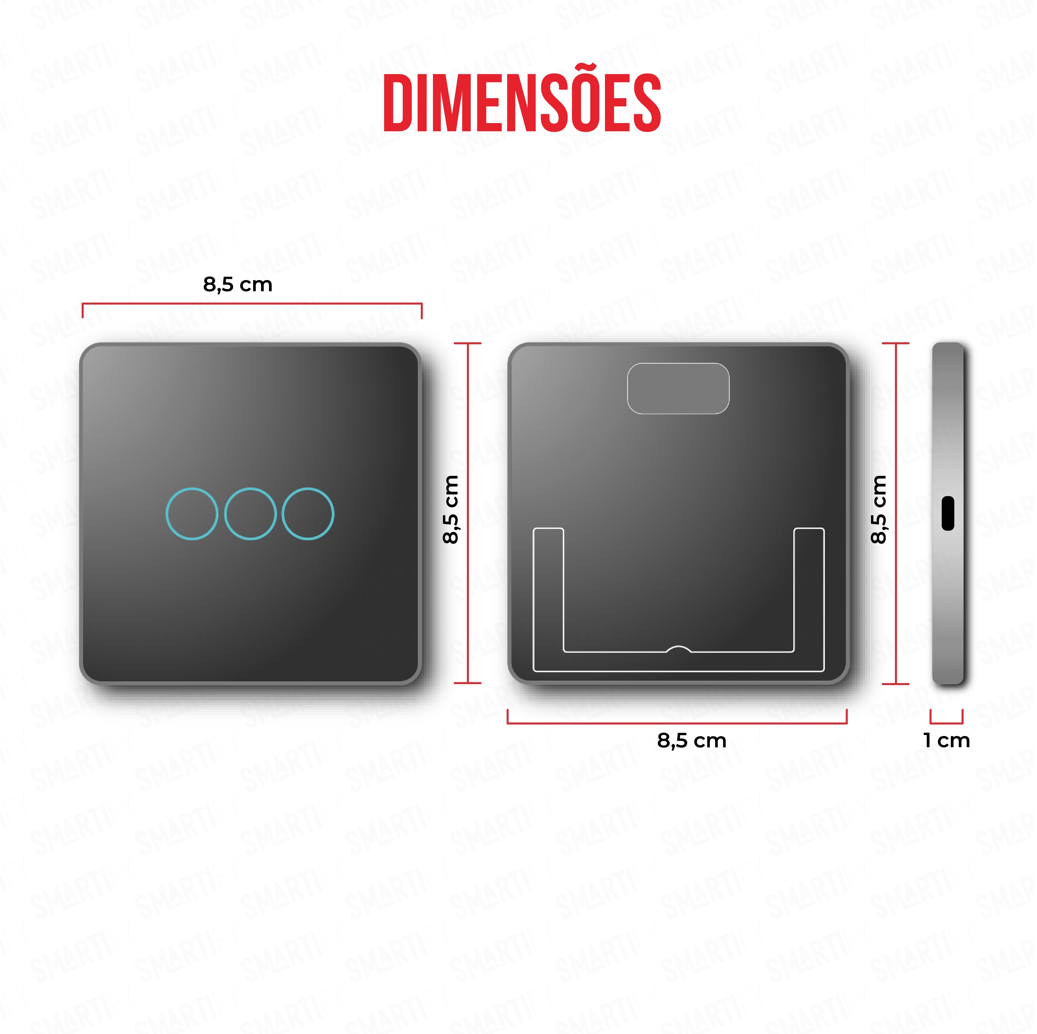 Smartify vPRO Comando de Cenários 3 Botões (9 Cenários) Preto – dimensões de espelho compacto com acabamento em vidro temperado.