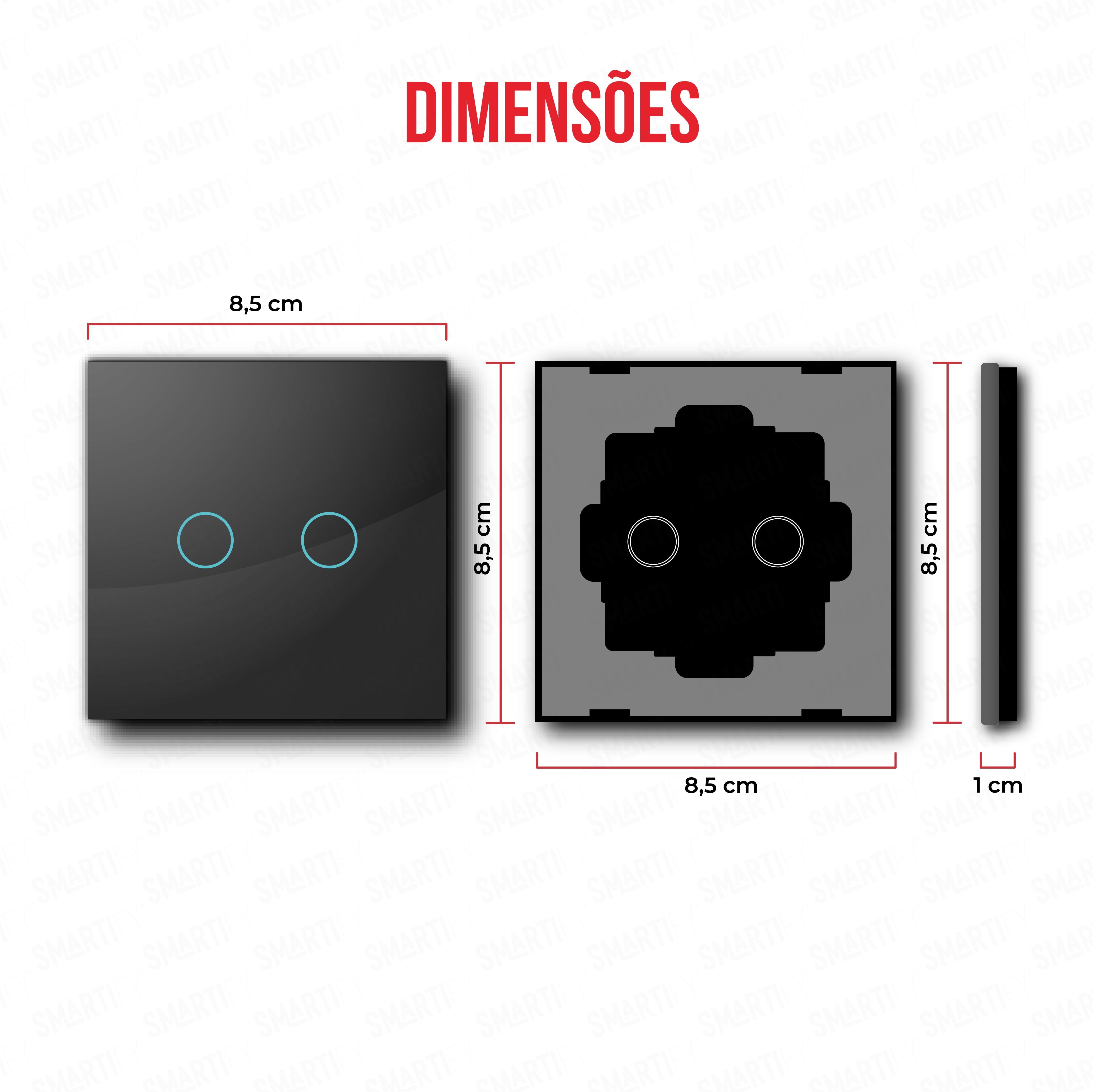 Smartify vPRO Espelho Simples de 2 botões Preto – dimensões de espelho compacto com acabamento em vidro temperado.