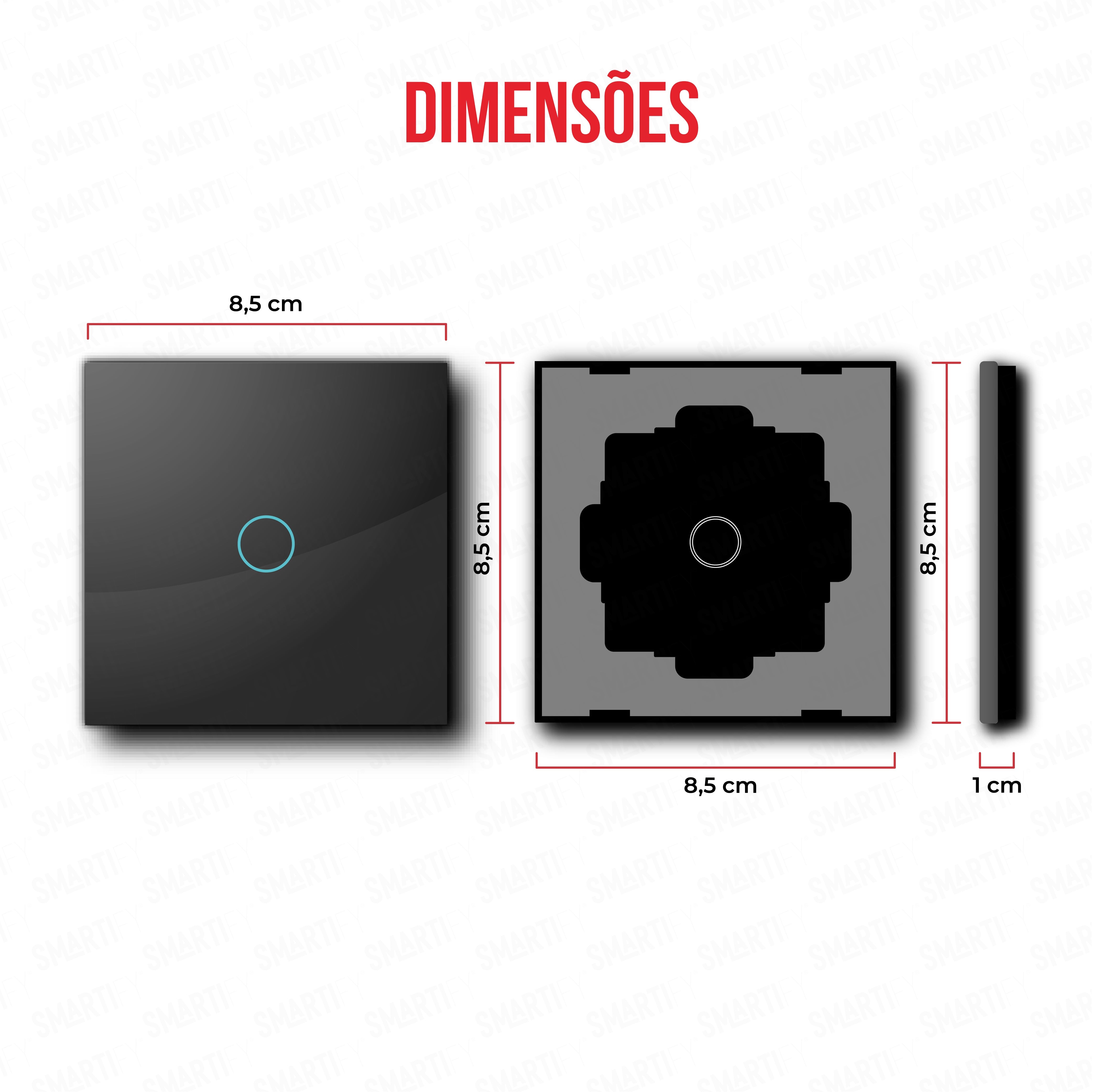 Smartify vPRO Espelho Simples de 1 botão Preto – dimensões de espelho compacto com acabamento em vidro temperado.