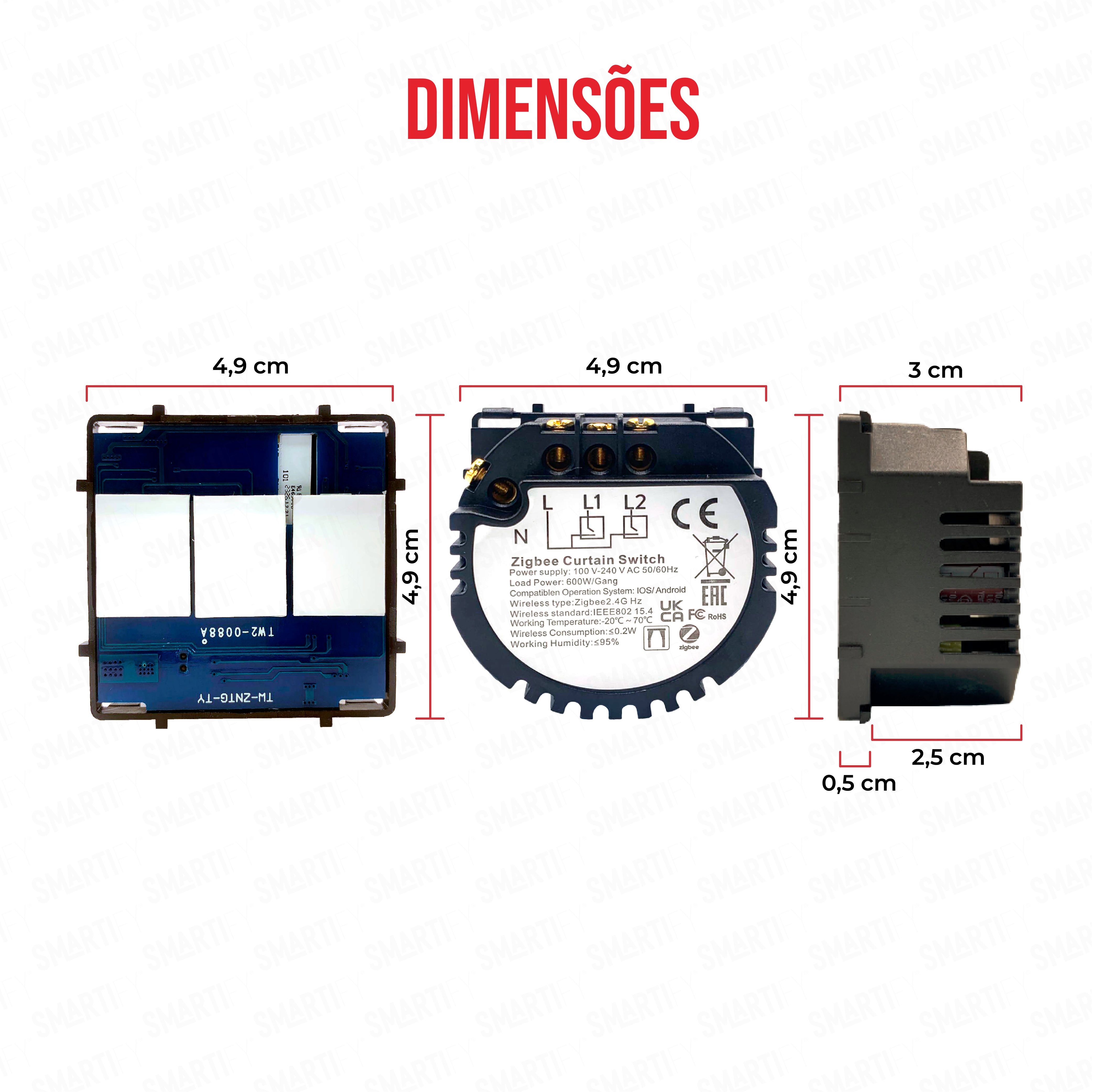 Smartify Módulo de Cortinas Inteligente  Zigbee Dimensões – imagem exibindo as dimensões do produto, destacando seu design compacto e funcionalidades para automação residencial.