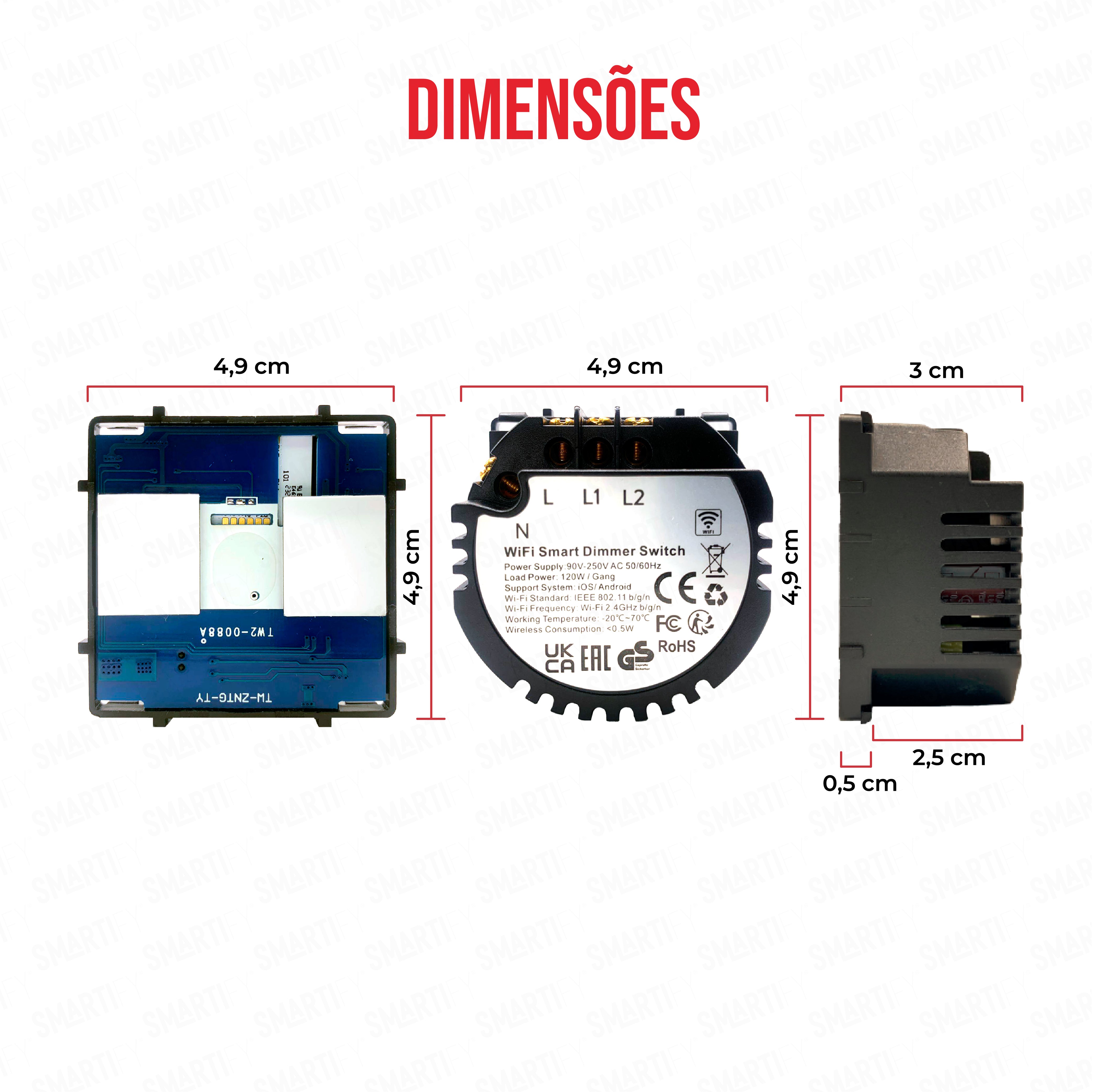 Smartify Módulo Interruptor Dimmer Inteligente 2 Canais Wi-Fi Dimensões – imagem exibindo as dimensões do produto, destacando seu design compacto e funcionalidades para automação residencial.