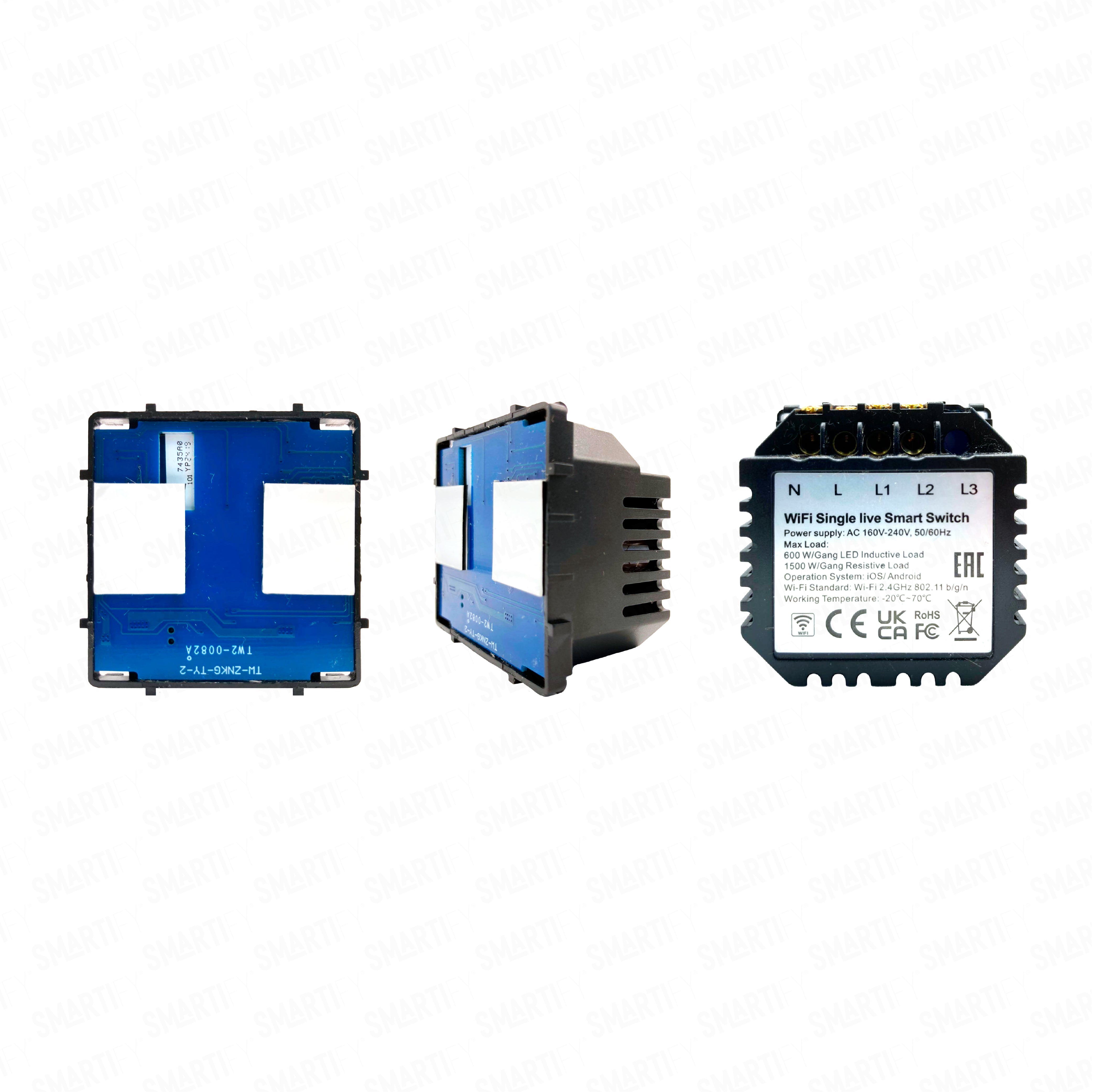 Smartify Módulo Interruptor Inteligente 2 Canais Wi-Fi Visão – imagem exibindo três ângulos do dispositivo, destacando seu design compacto e funcionalidades para automação residencial.
