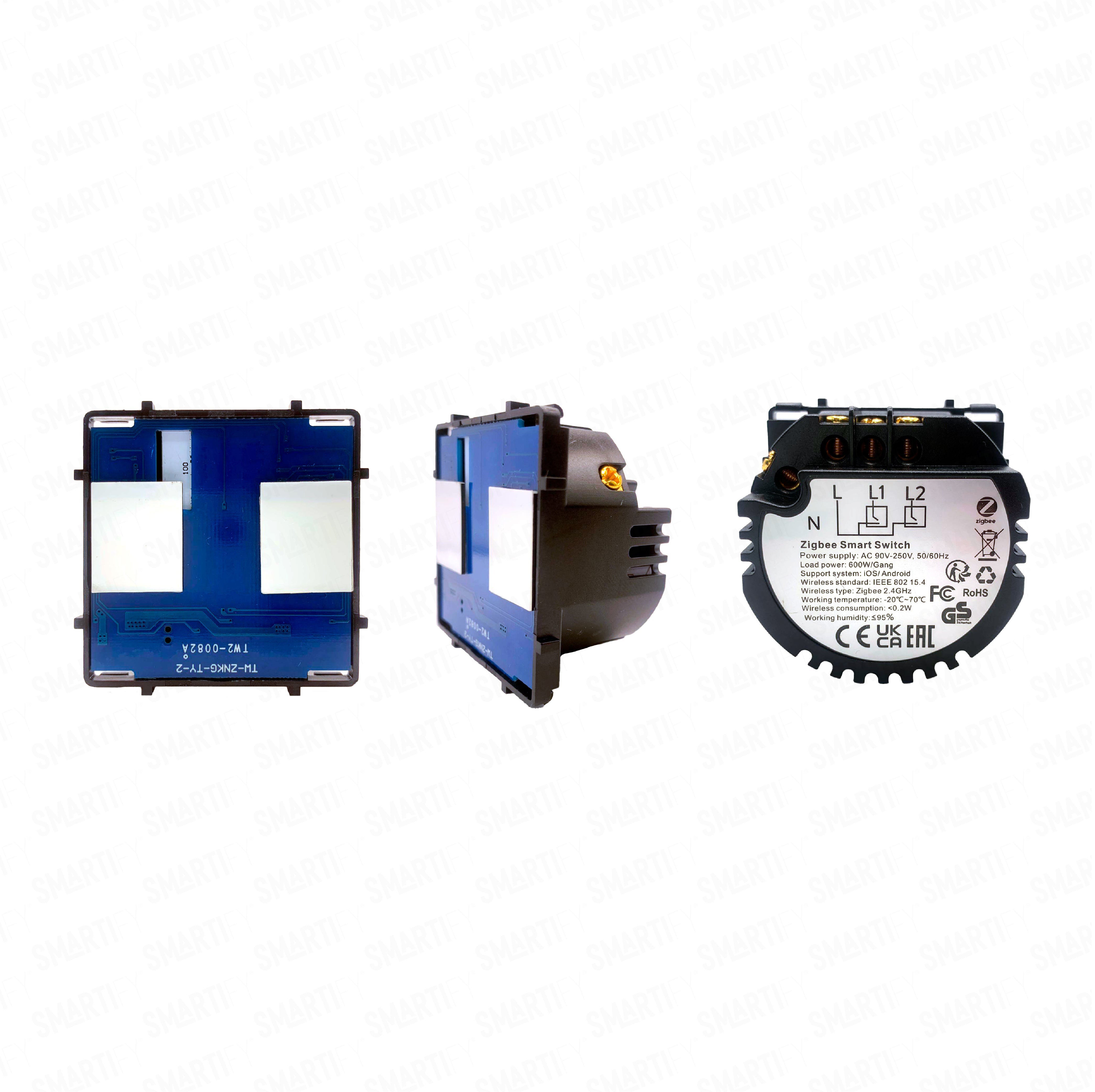 Smartify Módulo Interruptor Inteligente Zigbee (com neutro) – imagem exibindo três ângulos do dispositivo, destacando seu design compacto e funcionalidades para automação residencial.