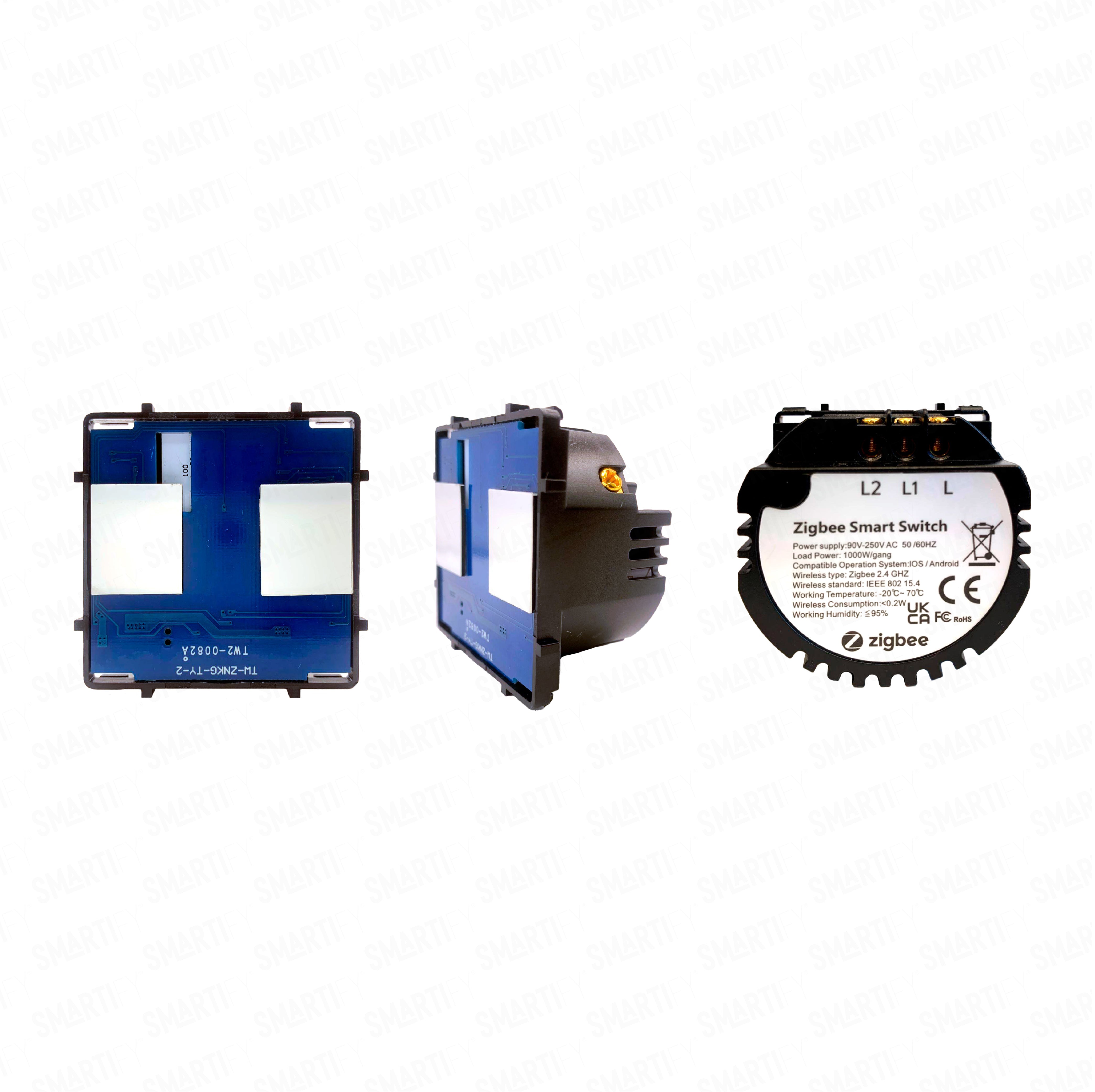Smartify Módulo Interruptor Inteligente dois botões Zigbee (sem neutro) – imagem exibindo três ângulos do dispositivo, destacando seu design compacto e funcionalidades para automação residencial.