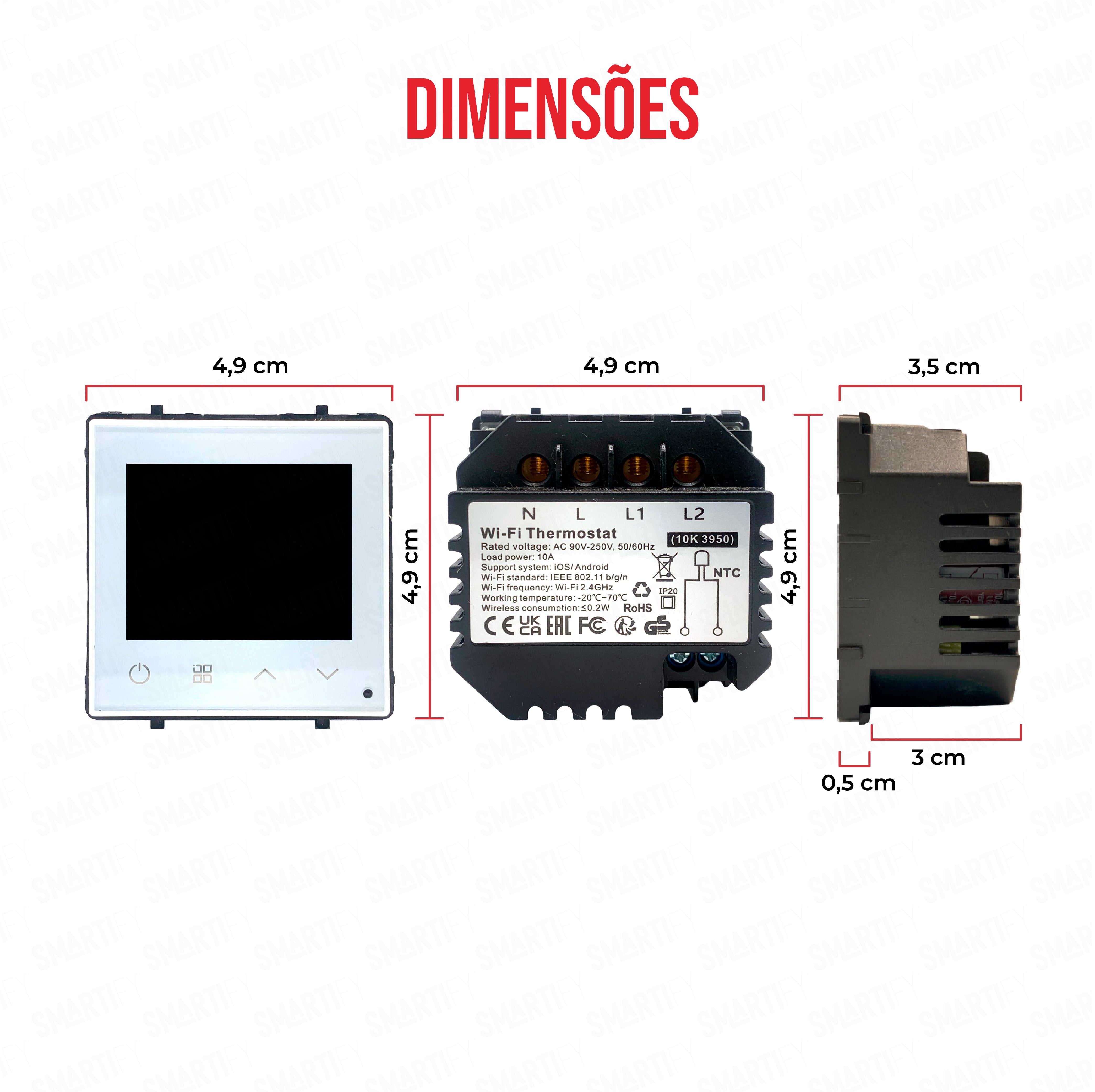  Módulo Termóstato piso Radiante c/ Circulação de Águas Inteligente Wifi Branco – imagem exibindo as dimensões do produto, destacando seu design compacto e funcionalidades para automação residencial.
