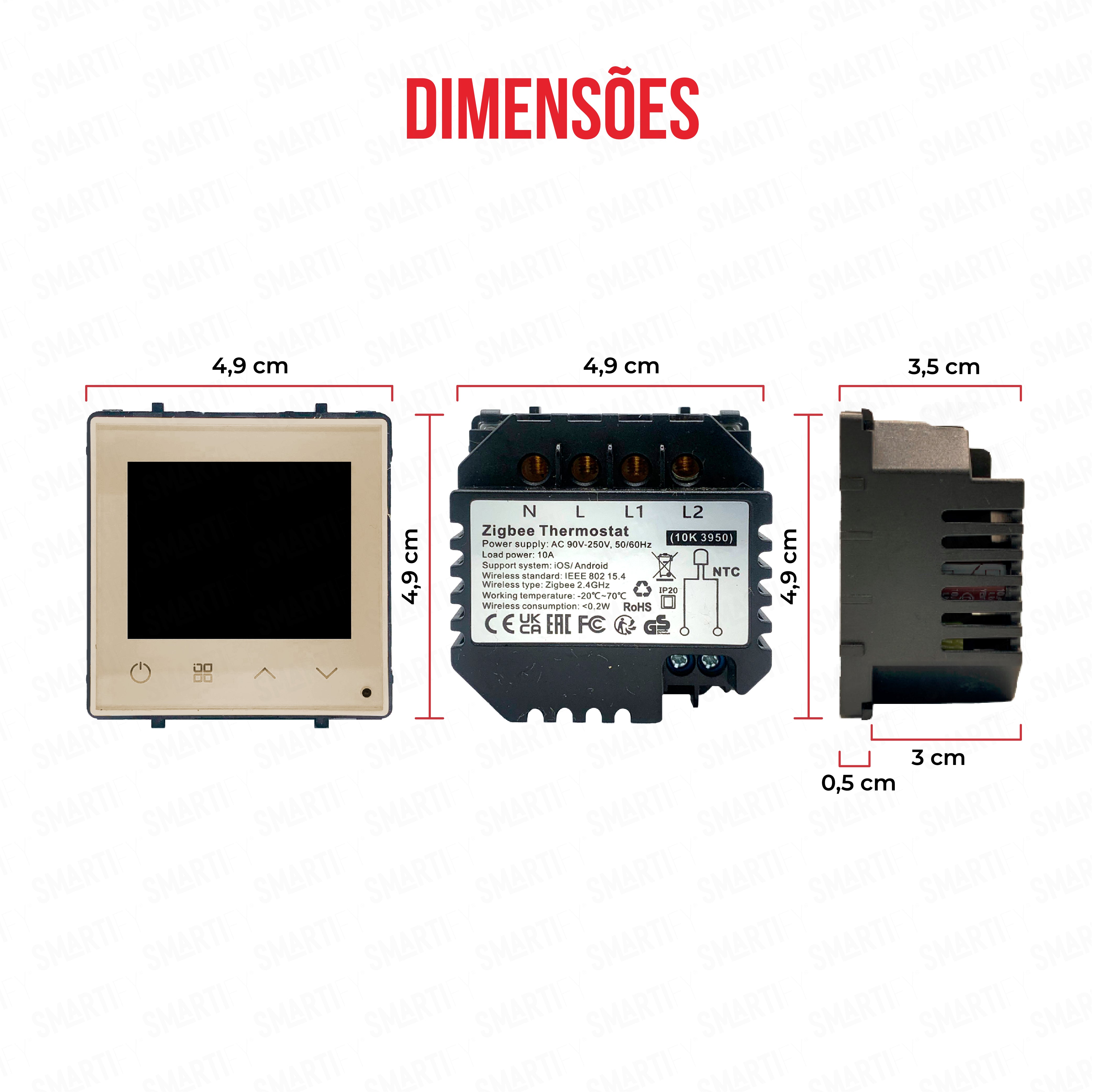 Módulo Termóstato piso Radiante c/ Circulação de Águas Inteligente Zigbee Dourado – imagem exibindo as dimensões do produto, destacando seu design compacto e funcionalidades para automação residencial.