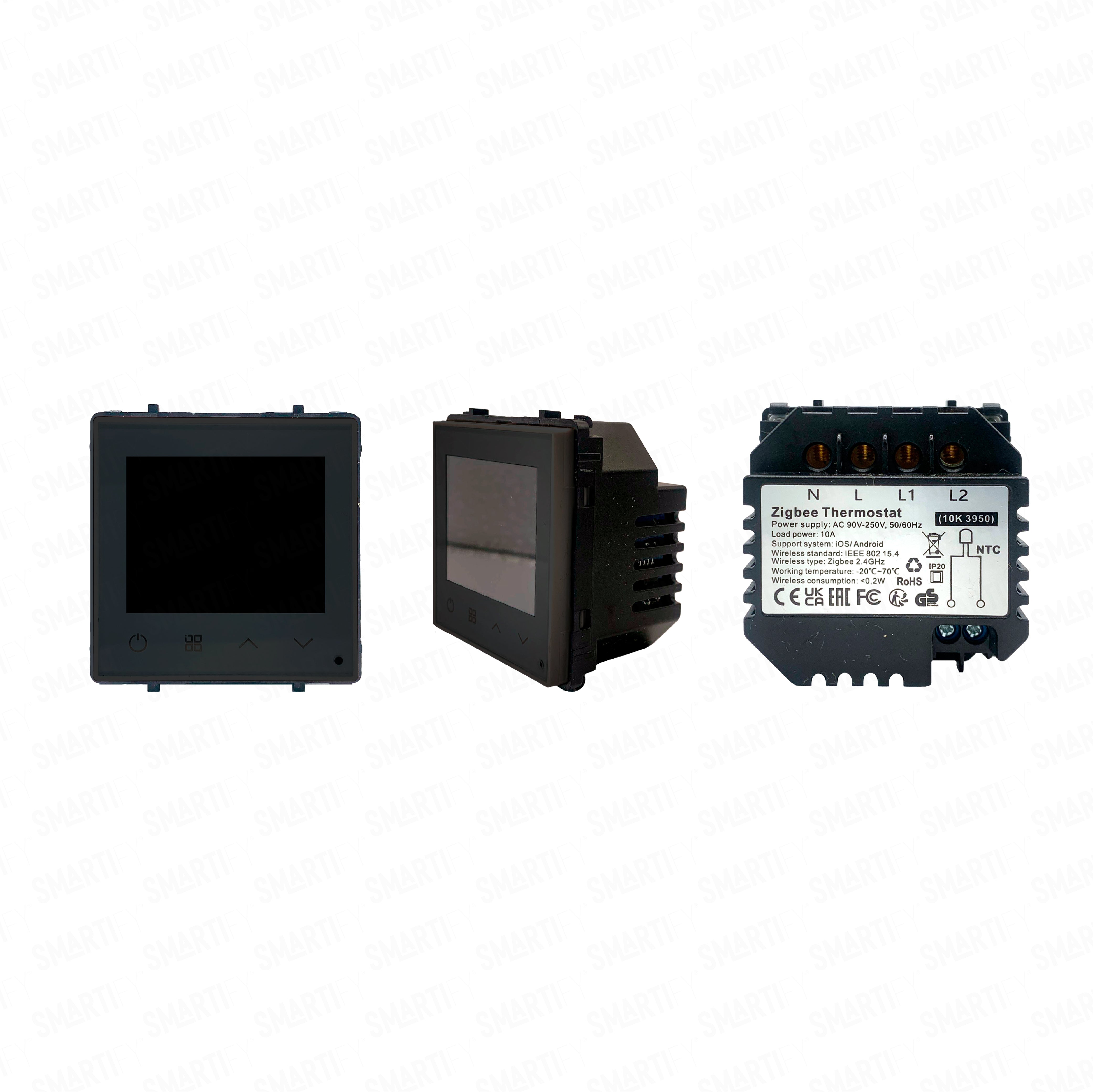 Módulo Termóstato piso Radiante Elétrico Inteligente Zigbee Preto - imagem exibindo três ângulos do dispositivo, destacando seu design compacto e funcionalidades para automação residencial.