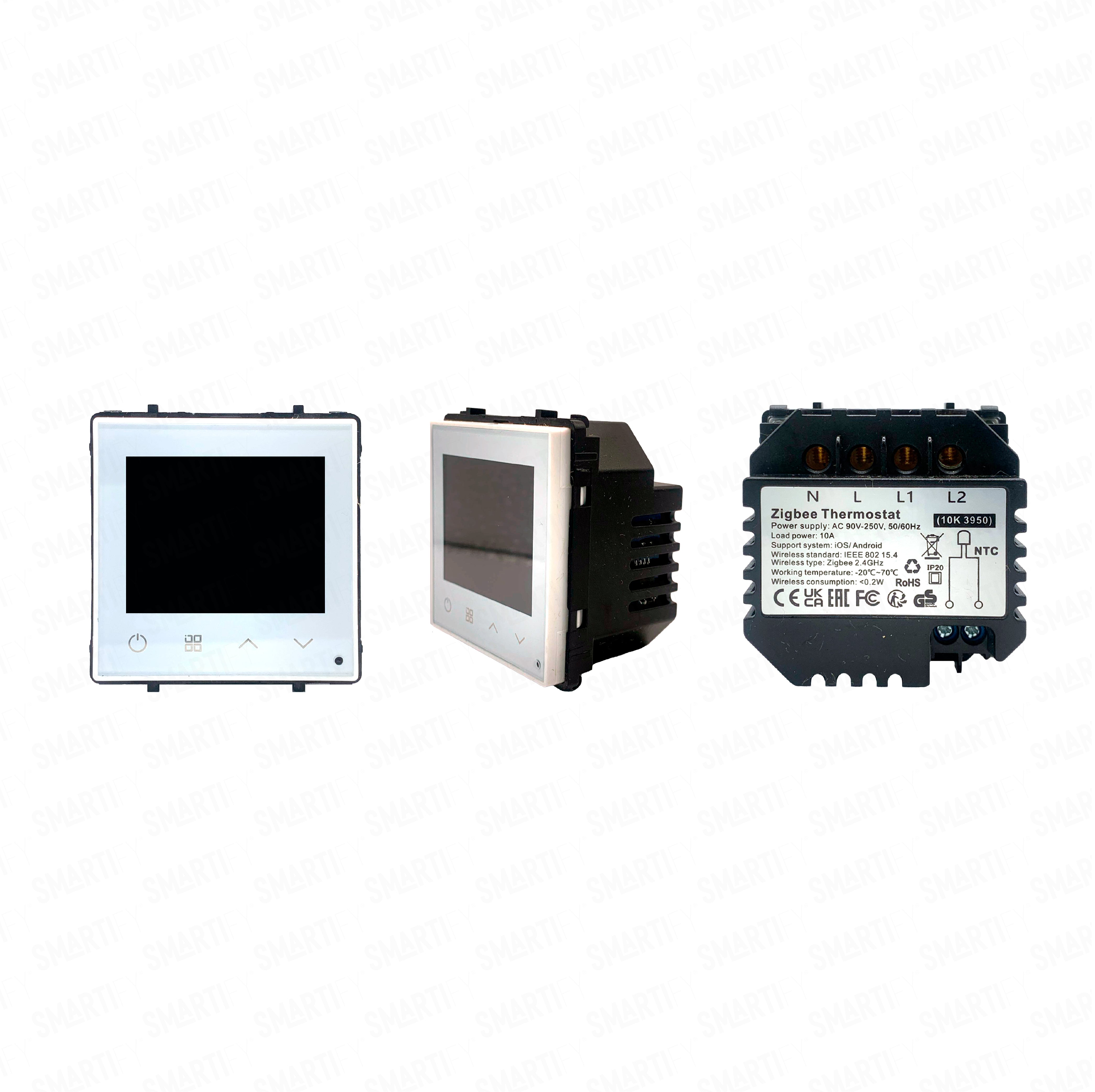 Módulo Termóstato piso Radiante c/ Circulação de Águas Inteligente Zigbee Branco - imagem exibindo três ângulos do dispositivo, destacando seu design compacto e funcionalidades para automação residencial.