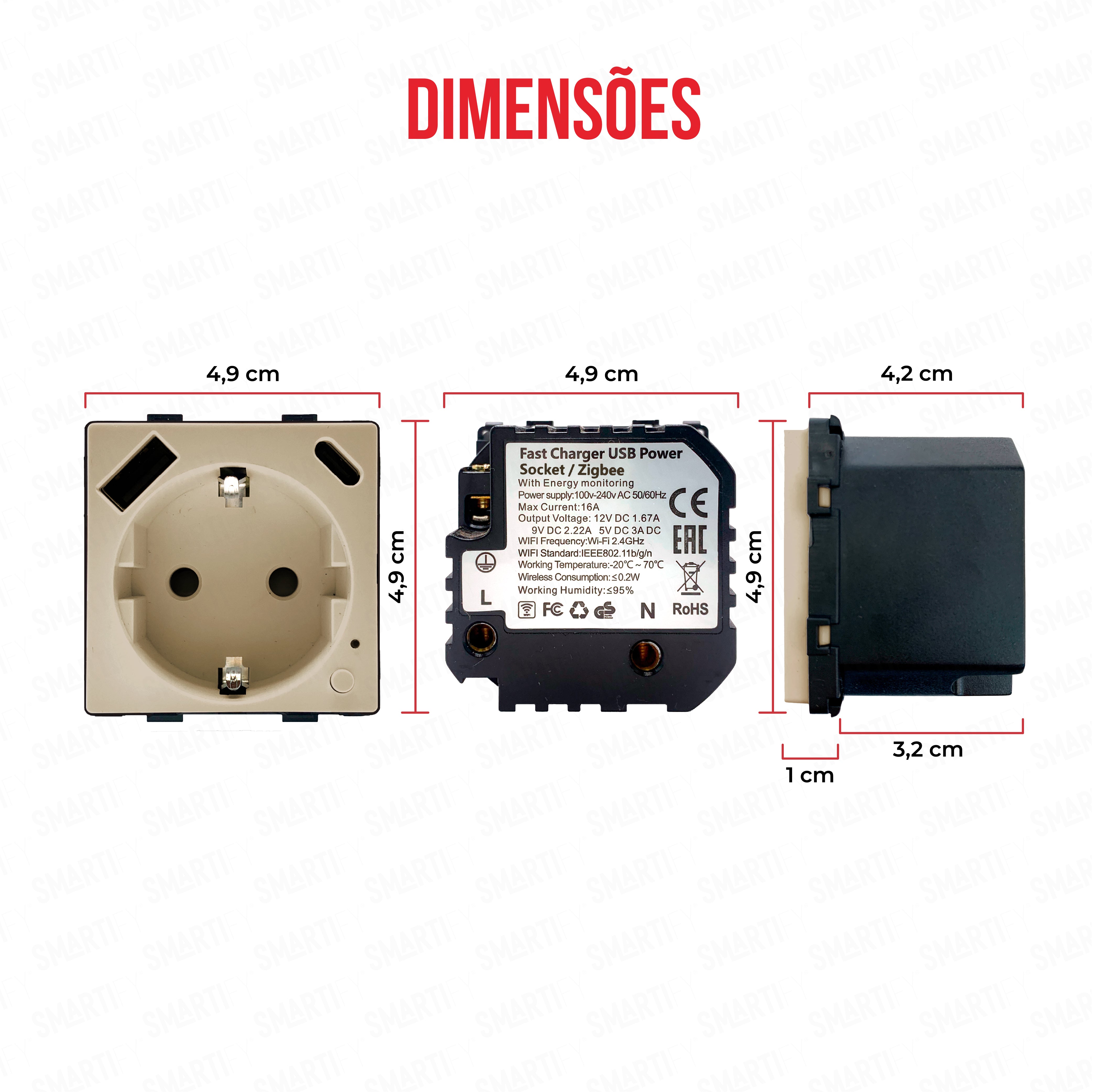 Módulo Tomada Inteligente Zigbee c/  USB-C e USB-A c/ Medidor de Energia Dourado – imagem exibindo as dimensões do produto, destacando seu design compacto e funcionalidades para automação residencial.
