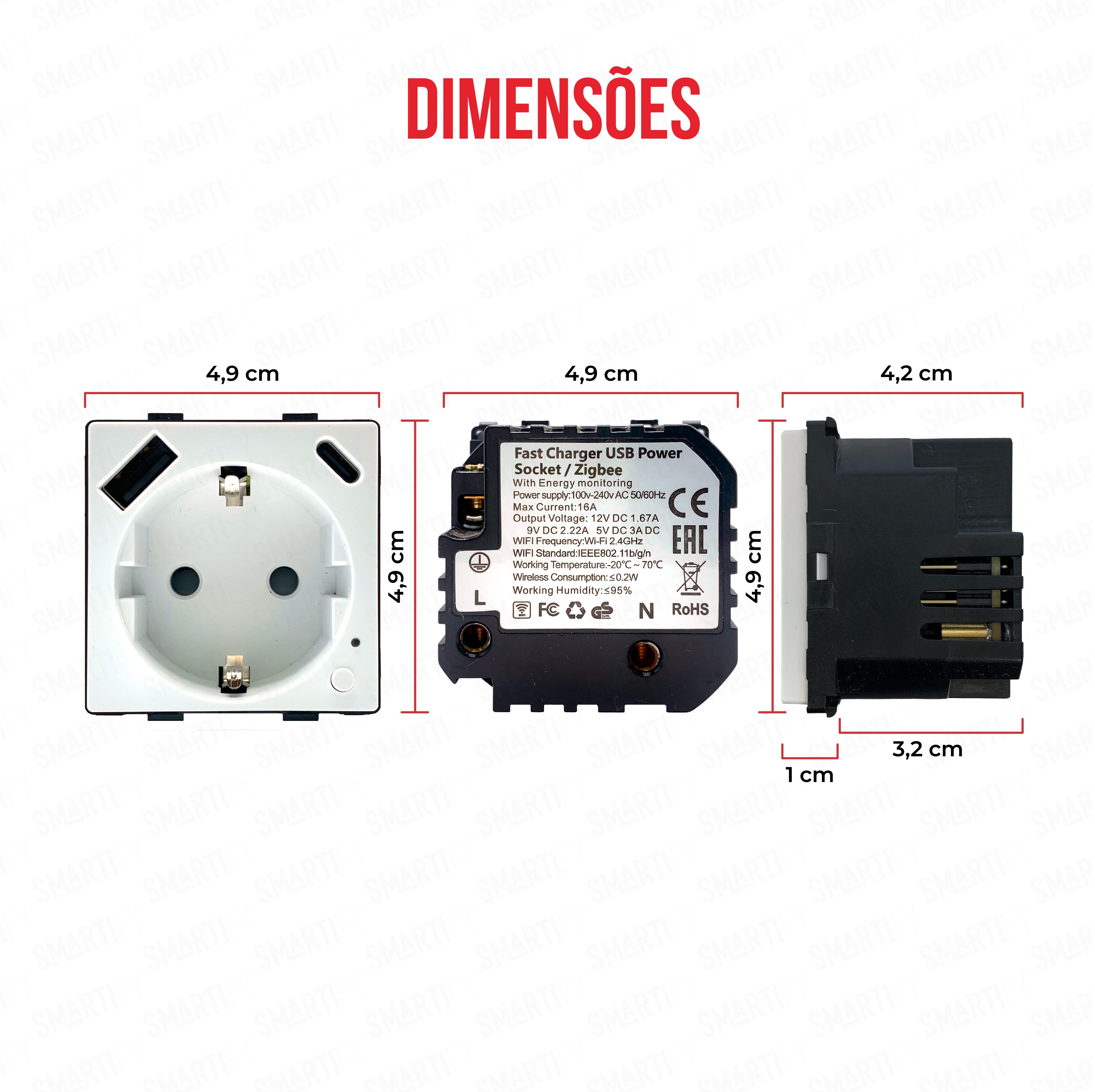Módulo Tomada Inteligente Zigbee c/  USB-C e USB-A c/ Medidor de Energia Branco – imagem exibindo as dimensões do produto, destacando seu design compacto e funcionalidades para automação residencial.