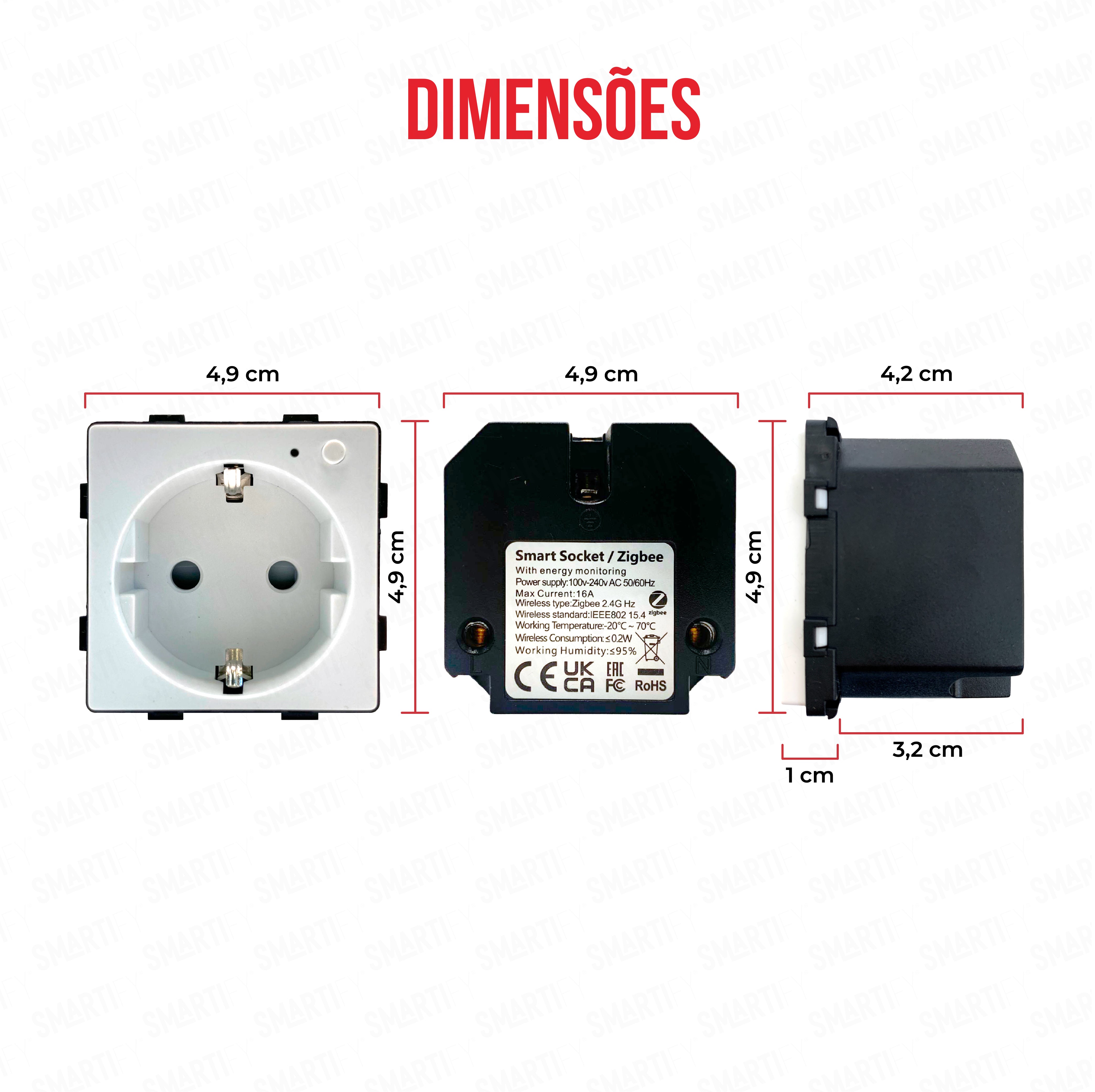 Smartify Módulo Tomada Inteligente Zigbee c/ Medidor de Energia – imagem exibindo as dimensões do produto, destacando seu design compacto e funcionalidades para automação residencial.