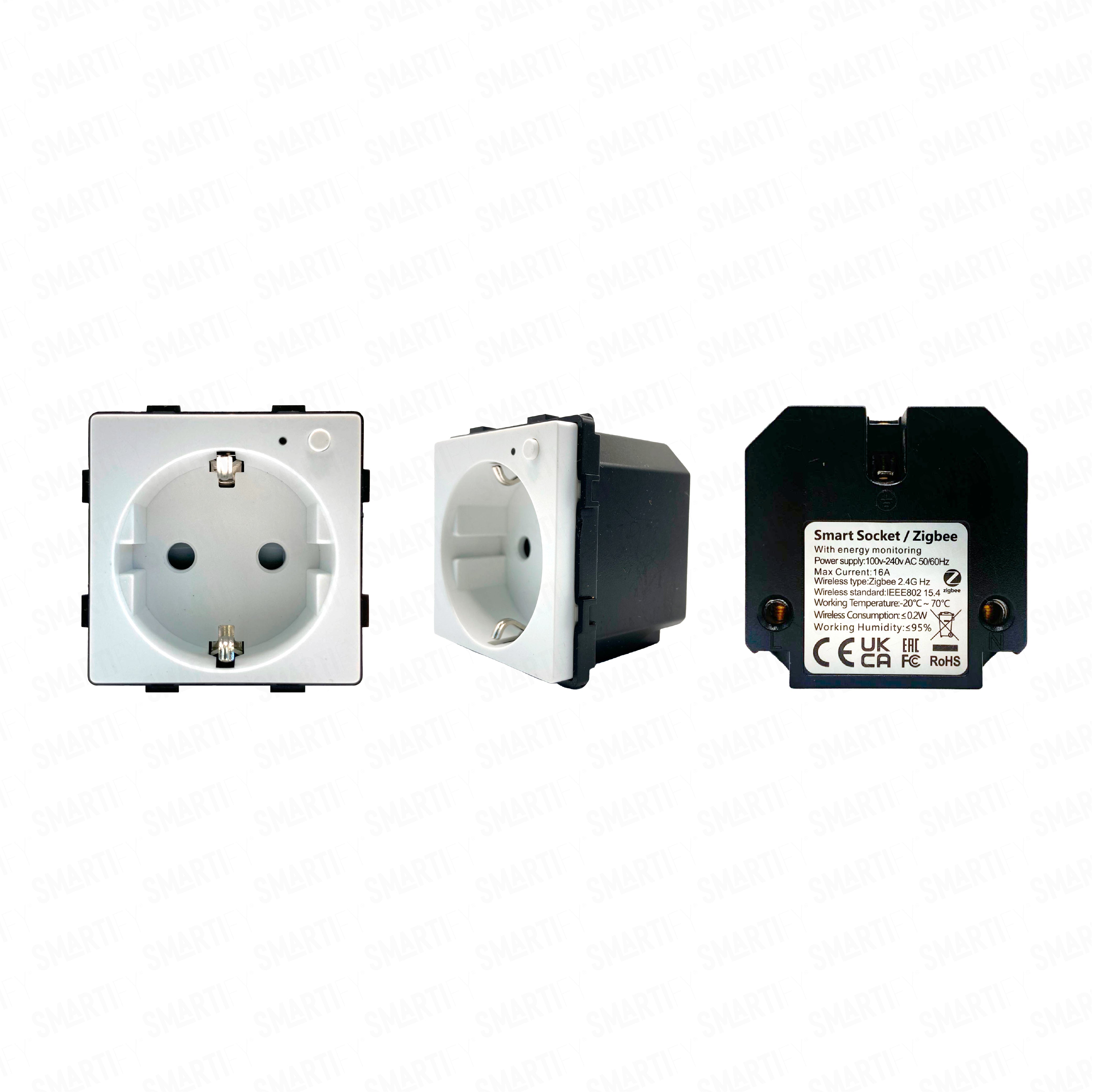 Smartify Módulo Tomada Inteligente Zigbee c/ Medidor de Energia – imagem exibindo três ângulos do dispositivo, destacando seu design compacto e funcionalidades para automação residencial.