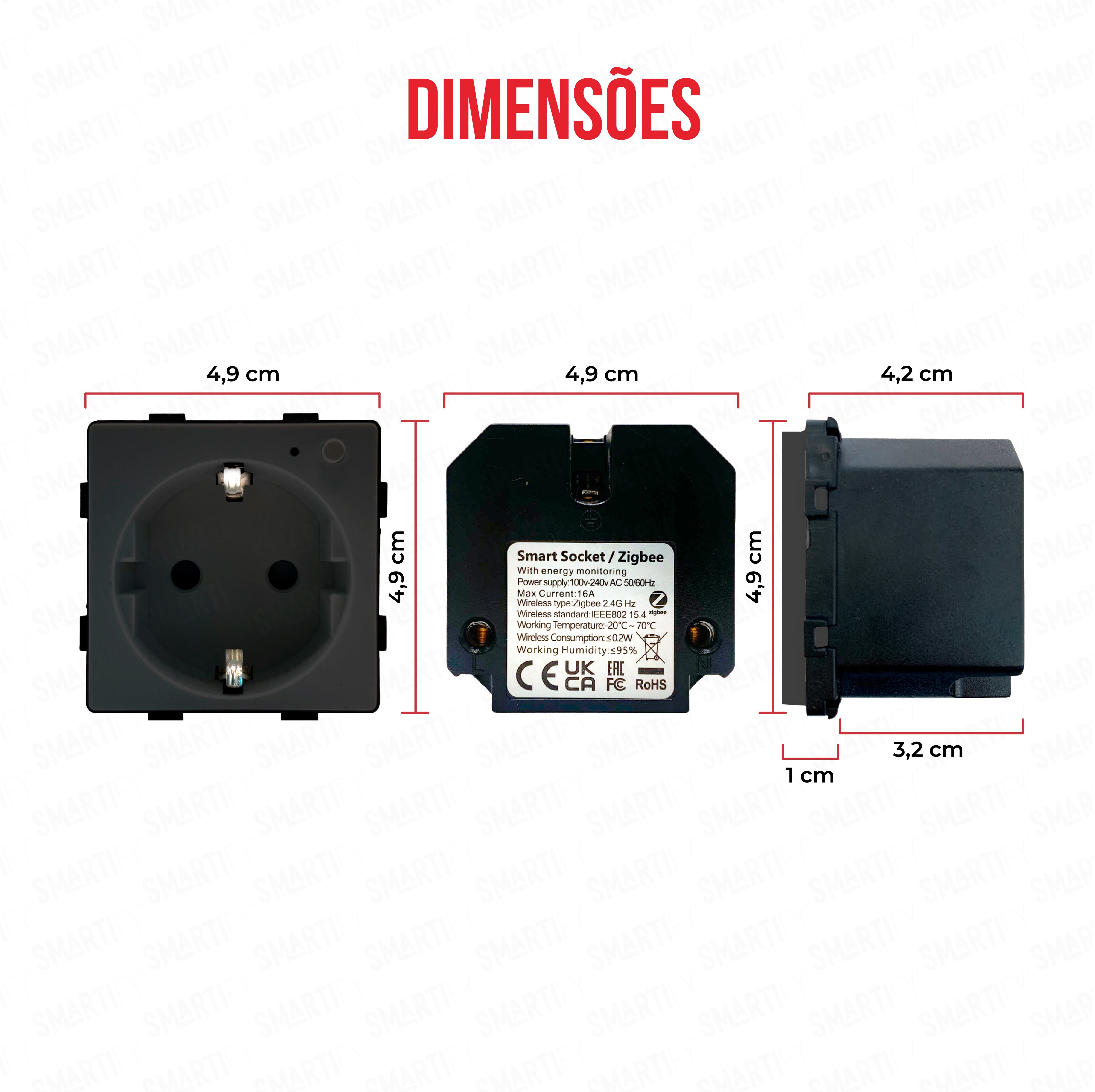 Smartify Módulo Tomada Inteligente Zigbee c/ Medidor de Energia Preto – imagem exibindo as dimensões do produto, destacando seu design compacto e funcionalidades para automação residencial.