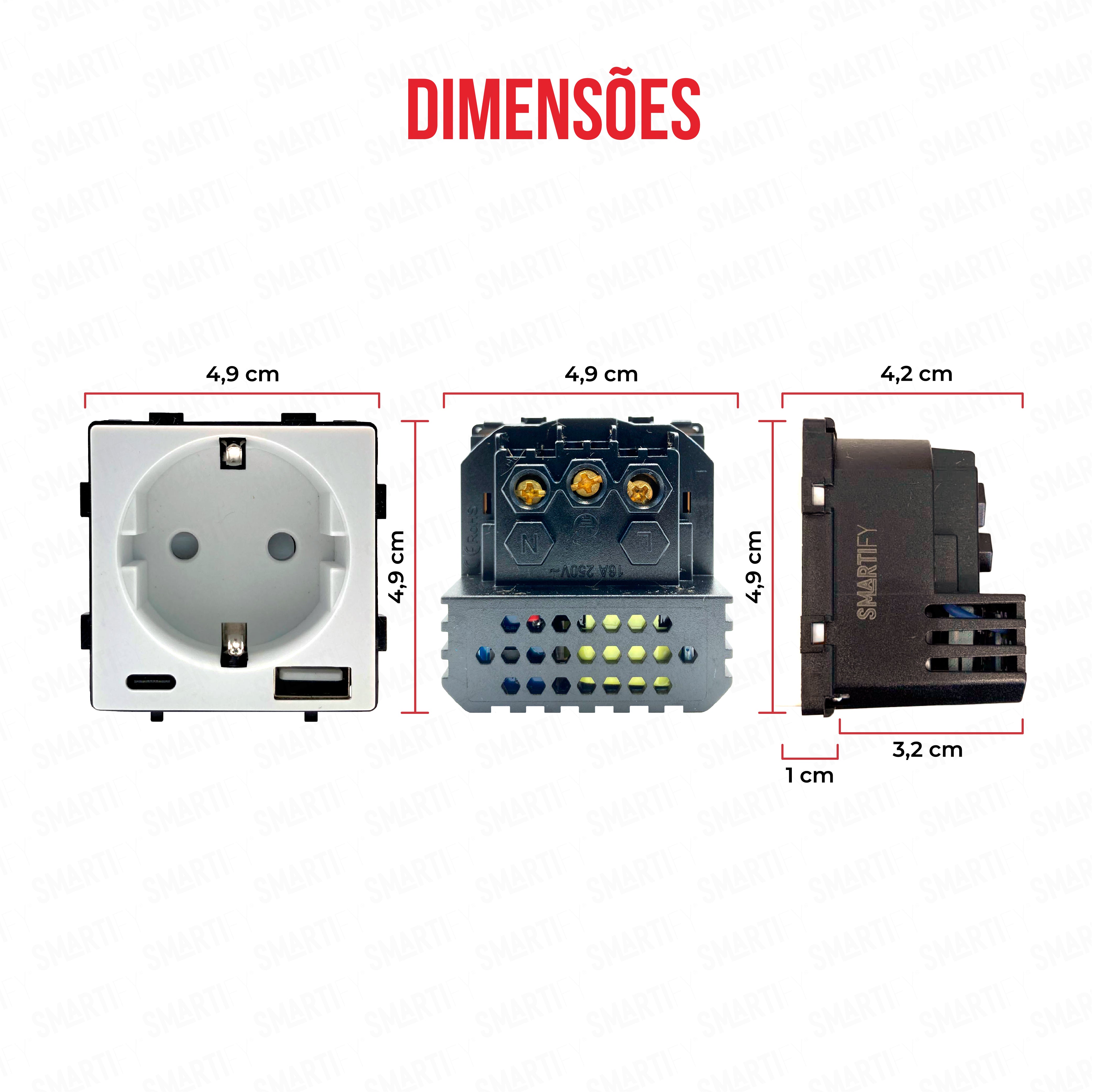 Smartify Módulo Tomada com USB-A e USB-C – imagem exibindo as dimensões do produto, destacando seu design compacto.
