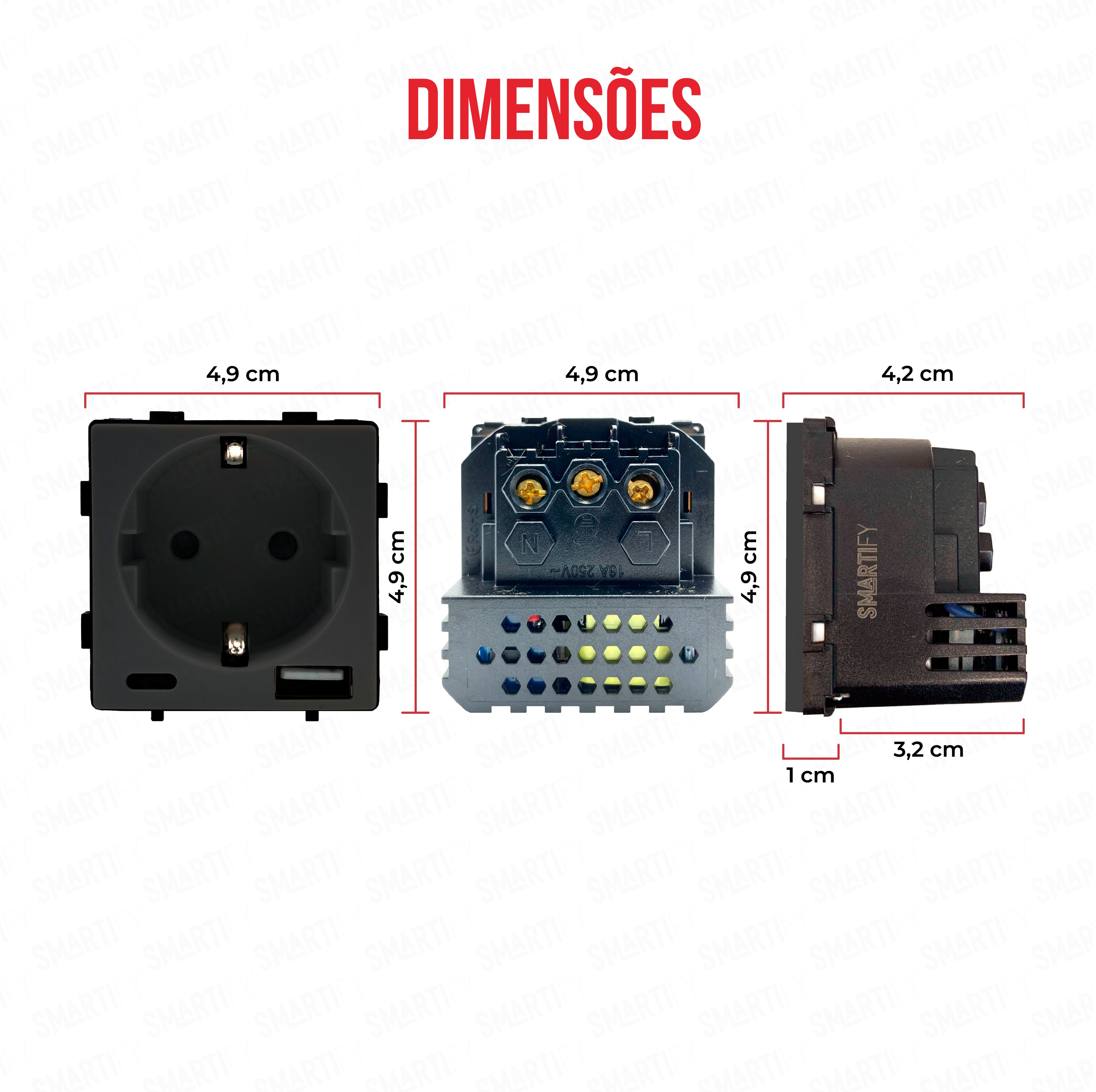 Smartify Módulo Tomada com USB-A e USB-C preto – imagem exibindo as dimensões do produto, destacando seu design compacto.