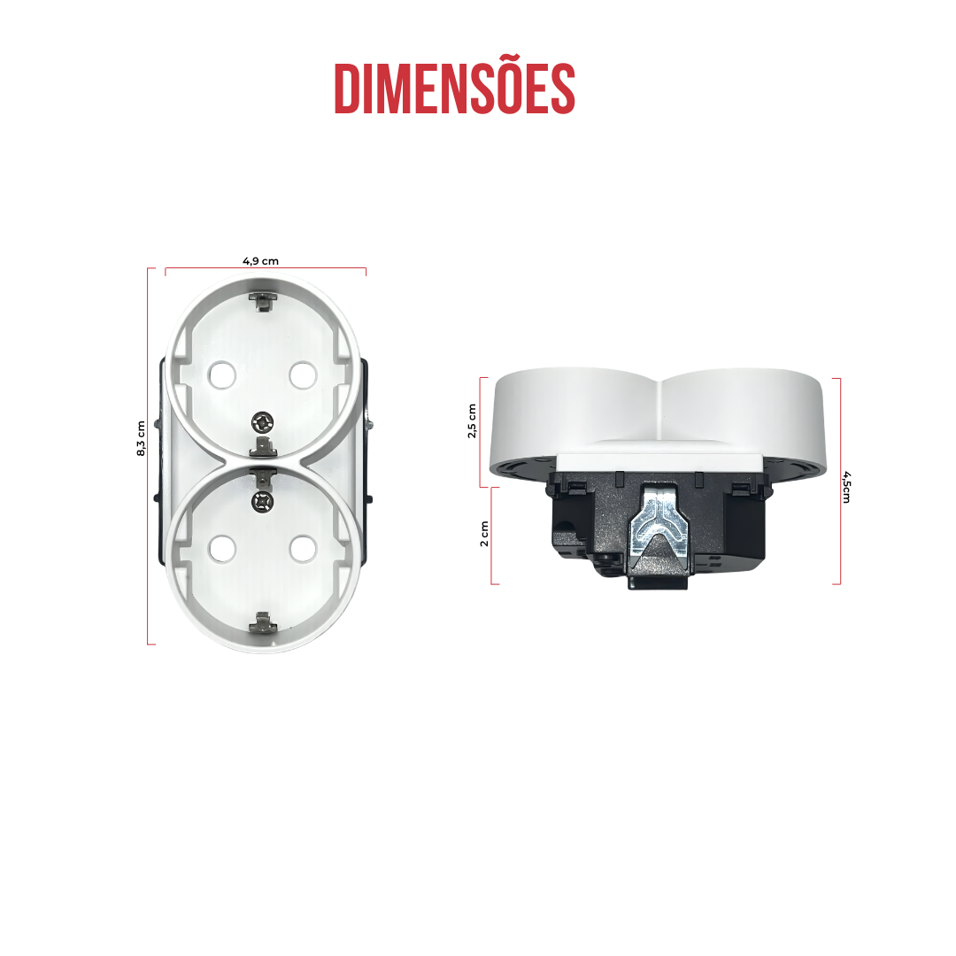 O Módulo Tomada Dupla 2 em 1 da nossa linha Vpro é a solução ideal para quem precisa de duplicar os pontos de energia sem realizar obras. Com um design compacto e moderno, permite converter uma única caixa de aparelhagem standard em duas tomadas funcionais.
