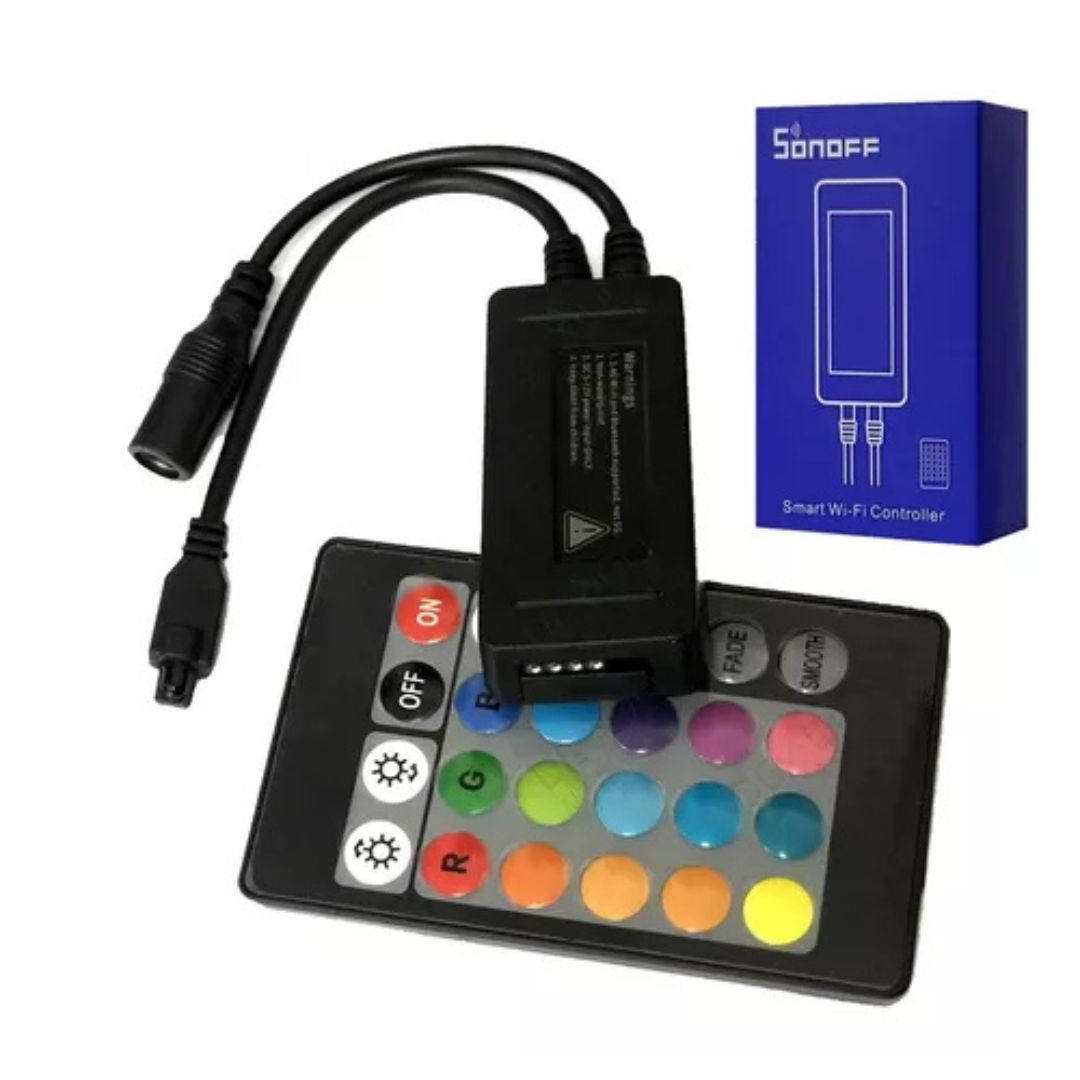 Controlador inteligente para fitas LED RGB com controle via WiFi/Bluetooth, ajuste de brilho e cor e integração com assistentes de voz.