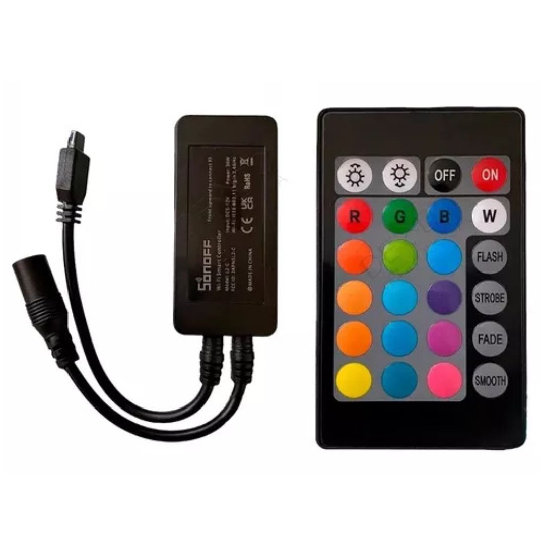 Controlador inteligente para fitas LED RGB com controle via WiFi/Bluetooth, ajuste de brilho e cor e integração com assistentes de voz.
