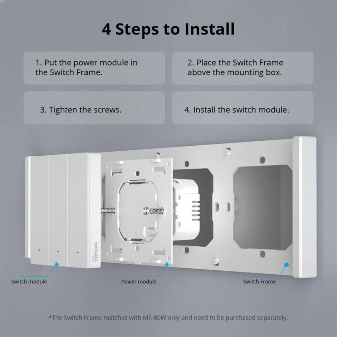 Moldura elegante e resistente para até 4 interruptores M5 de 80mm da SONOFF, garantindo um acabamento sofisticado e proteção extra para a sua casa inteligente.