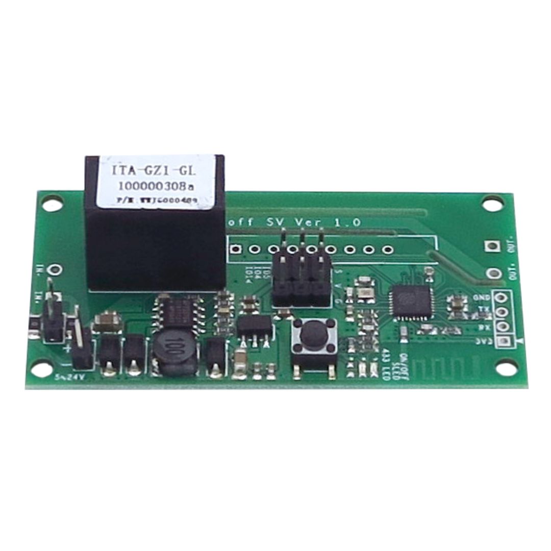 Comutador de baixa voltagem Sonoff SV com controlo remoto via WiFi para automação de dispositivos conectados, compatível com Alexa e Google Home.
