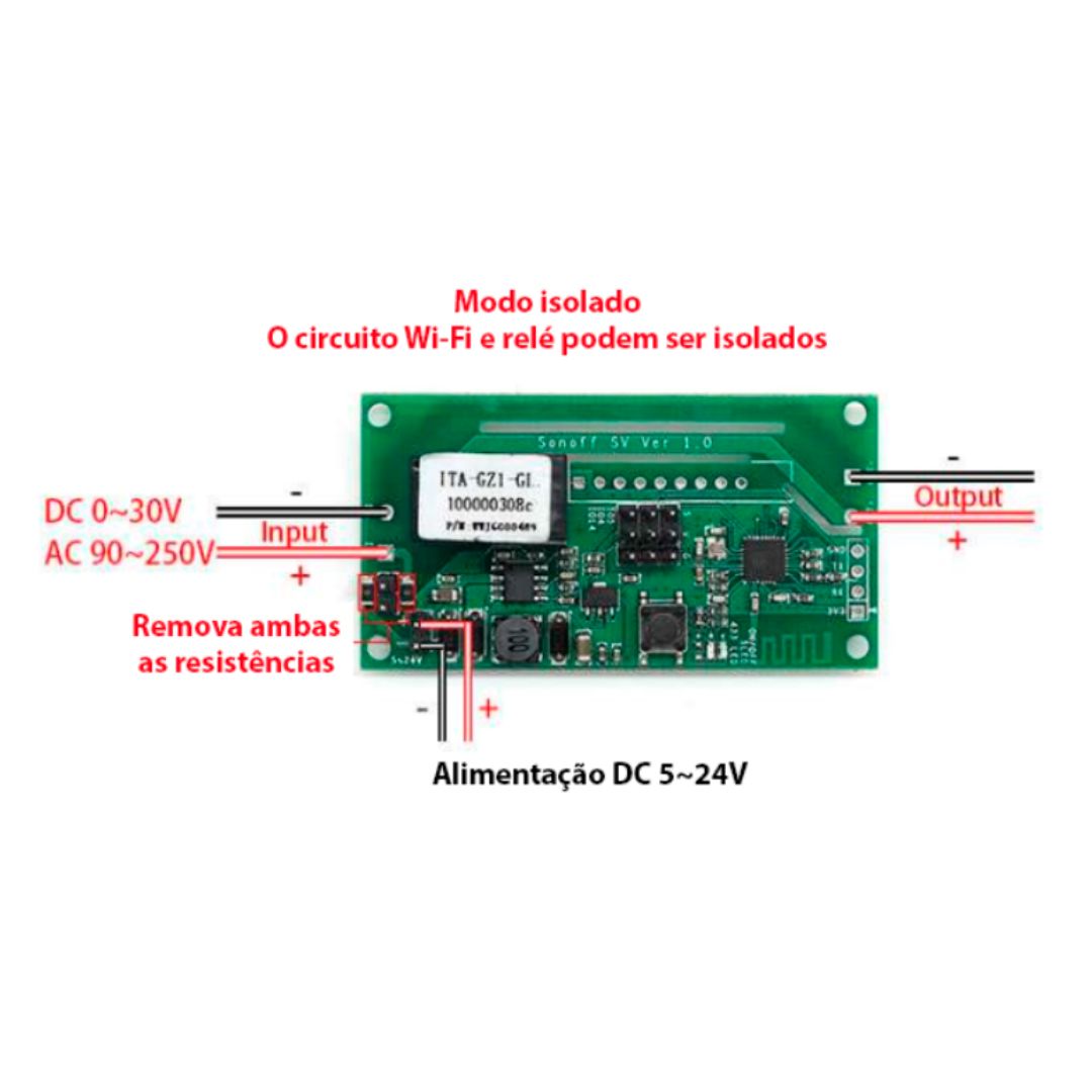 Comutador de baixa voltagem Sonoff SV com controlo remoto via WiFi para automação de dispositivos conectados, compatível com Alexa e Google Home.