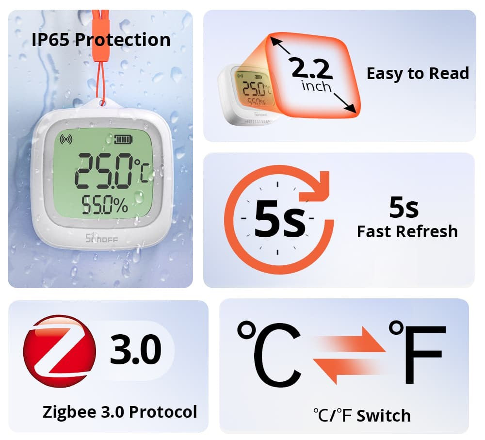 O SONOFF SNZB-02WD é um sensor inteligente de temperatura e humidade com ecrã LCD e conectividade Zigbee 3.0, desenvolvido para monitorizar em tempo real as condições ambientais em espaços interiores, incluindo locais com maior nível de humidade. 