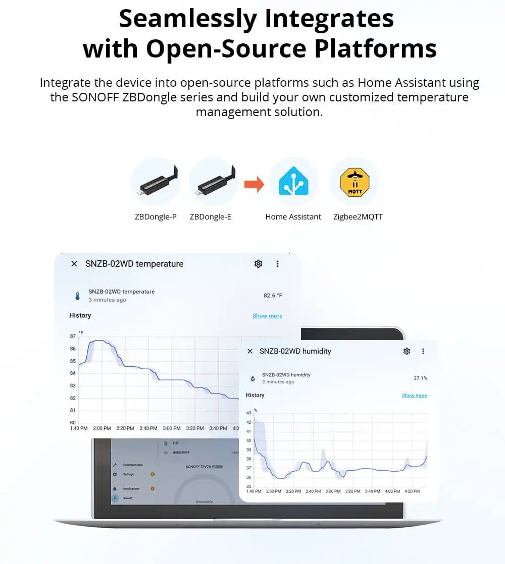 O SONOFF SNZB-02WD é um sensor inteligente de temperatura e humidade com ecrã LCD e conectividade Zigbee 3.0, desenvolvido para monitorizar em tempo real as condições ambientais em espaços interiores, incluindo locais com maior nível de humidade. 
