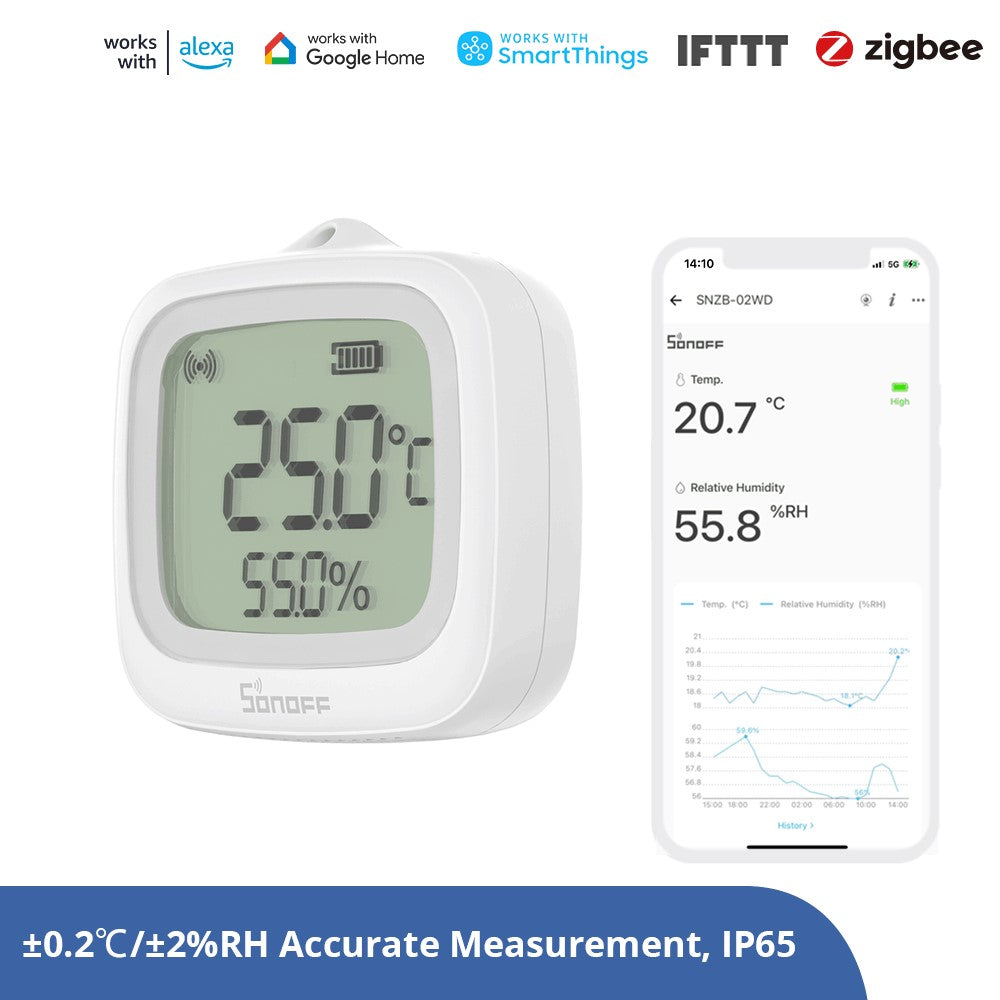 O SONOFF SNZB-02WD é um sensor inteligente de temperatura e humidade com ecrã LCD e conectividade Zigbee 3.0, desenvolvido para monitorizar em tempo real as condições ambientais em espaços interiores, incluindo locais com maior nível de humidade. 