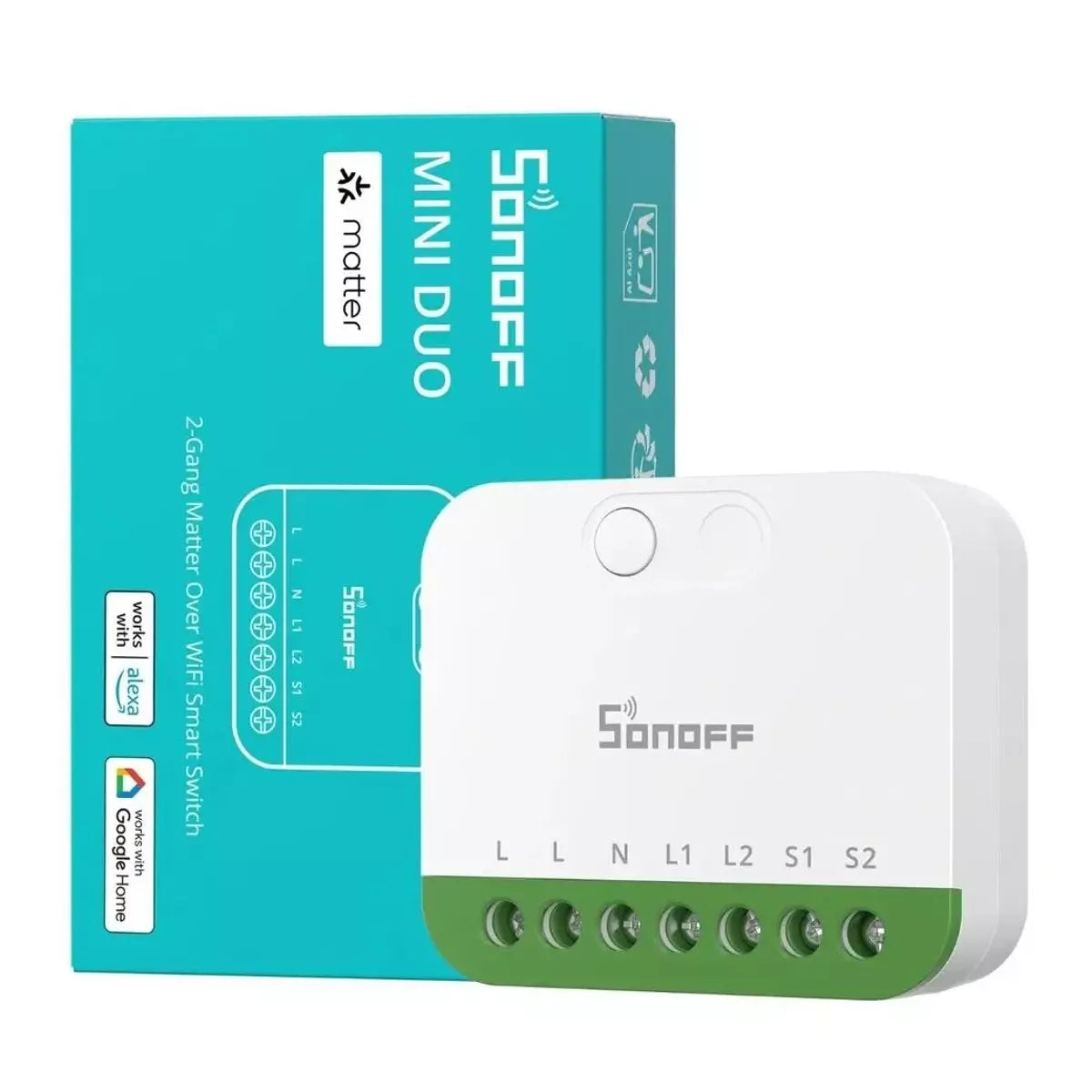 O Sonoff MINI-2GS é um interruptor inteligente compacto de dois canais, concebido para transformar circuitos elétricos tradicionais em dispositivos inteligentes totalmente controláveis. 