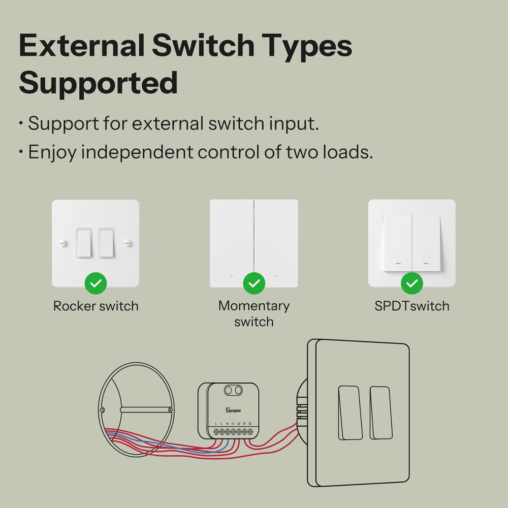 O Sonoff MINI-2GS é um interruptor inteligente compacto de dois canais, concebido para transformar circuitos elétricos tradicionais em dispositivos inteligentes totalmente controláveis. 