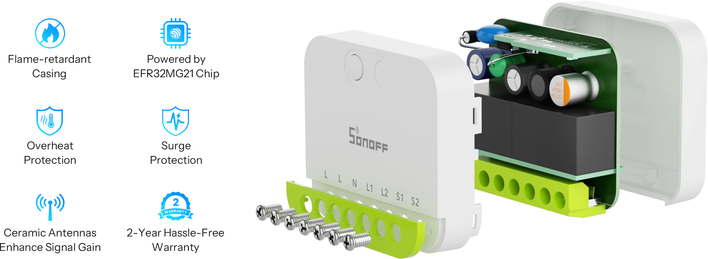 O Sonoff MINI-ZB2GS é um módulo inteligente compacto de dois canais que permite converter interruptores tradicionais em soluções de automação modernas, mantendo o controlo manual e adicionando funcionalidades smart.