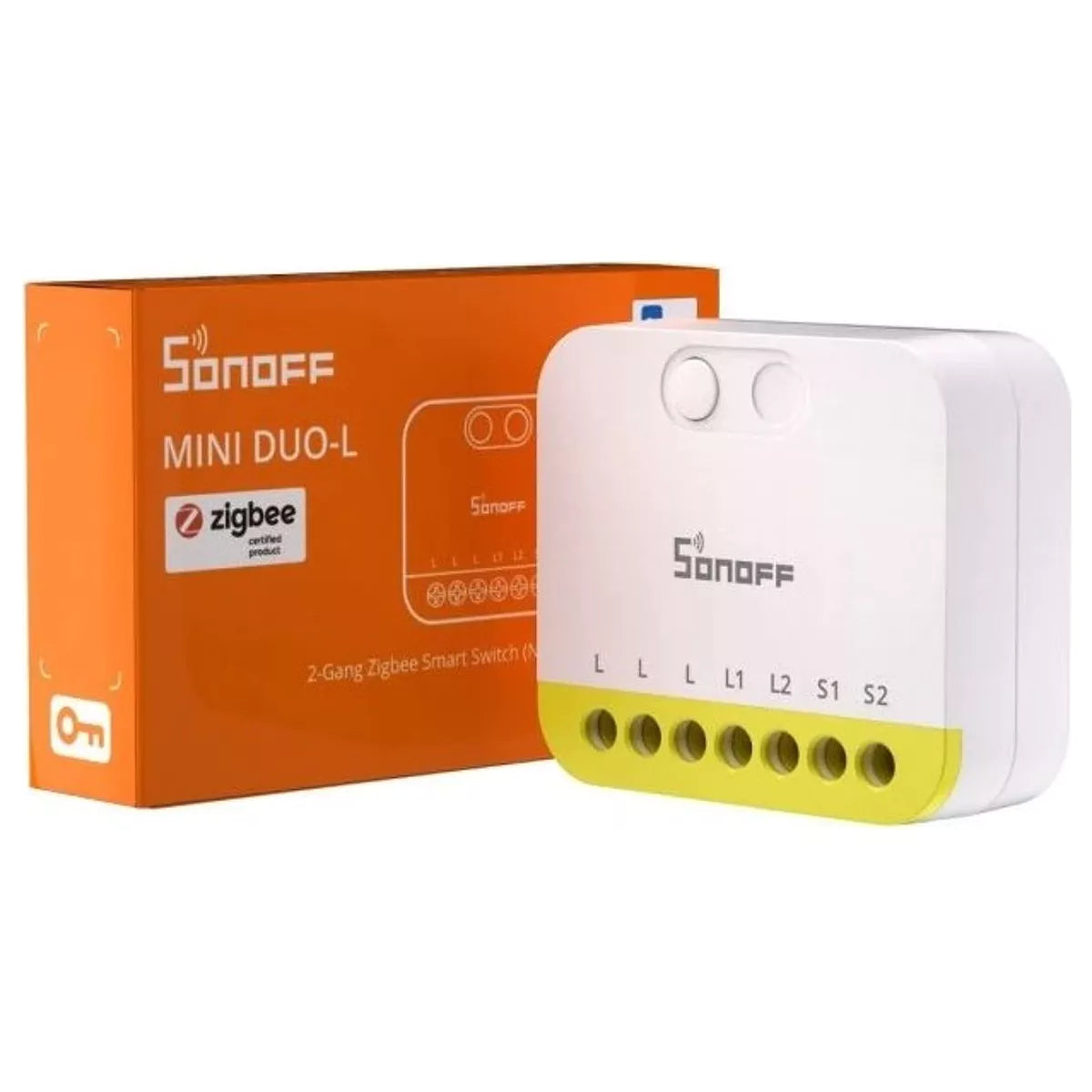 O Sonoff MINI-ZB2GS-L é um módulo inteligente ultracompacto de dois canais, concebido para modernizar instalações elétricas sem necessidade de fio neutro.