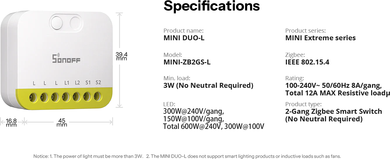 O Sonoff MINI-ZB2GS-L é um módulo inteligente ultracompacto de dois canais, concebido para modernizar instalações elétricas sem necessidade de fio neutro.