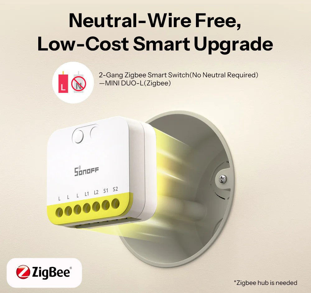 O Sonoff MINI-ZB2GS-L é um módulo inteligente ultracompacto de dois canais, concebido para modernizar instalações elétricas sem necessidade de fio neutro.