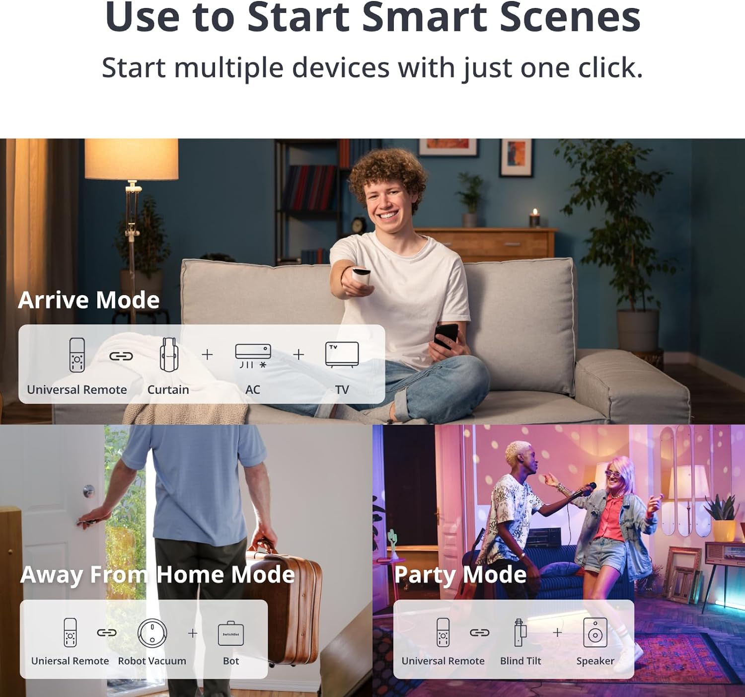O SwitchBot Universal Remote é um controlo remoto inteligente e versátil, capaz de substituir até 25 comandos diferentes, permitindo controlar facilmente dispositivos infravermelhos como TVs, ar-condicionado, projetores e ventiladores, além de dispositivos Bluetooth como Apple TV, Fire TV e equipamentos da própria SwitchBot. 