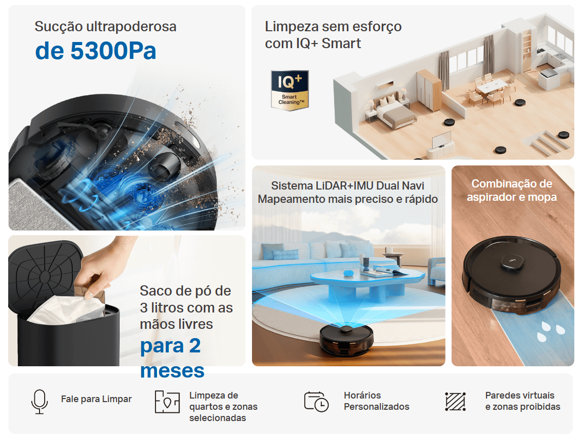 O Tapo RV30 Max Plus é um aspirador robot avançado, projetado para quem busca limpeza eficiente e prática sem esforço. Com potência de sucção de até 5300 Pa e sistema de mopa com controle elétrico do fluxo de água, garante uma limpeza profunda em todos os tipos de piso.