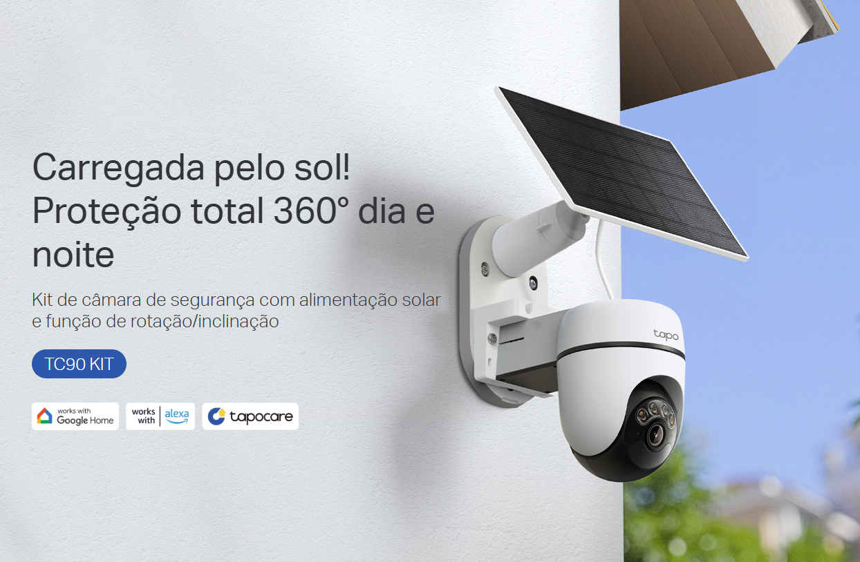 O Tapo TC90 KIT é uma solução de vigilância exterior completamente sem fios, ideal para monitorizar entradas, jardins e áreas externas de forma autónoma. Equipado com uma câmara pan/tilt de 360°, visão noturna a cores e deteção inteligente de pessoas, garante imagens nítidas em 2K 3MP e cobertura total sem pontos cegos.