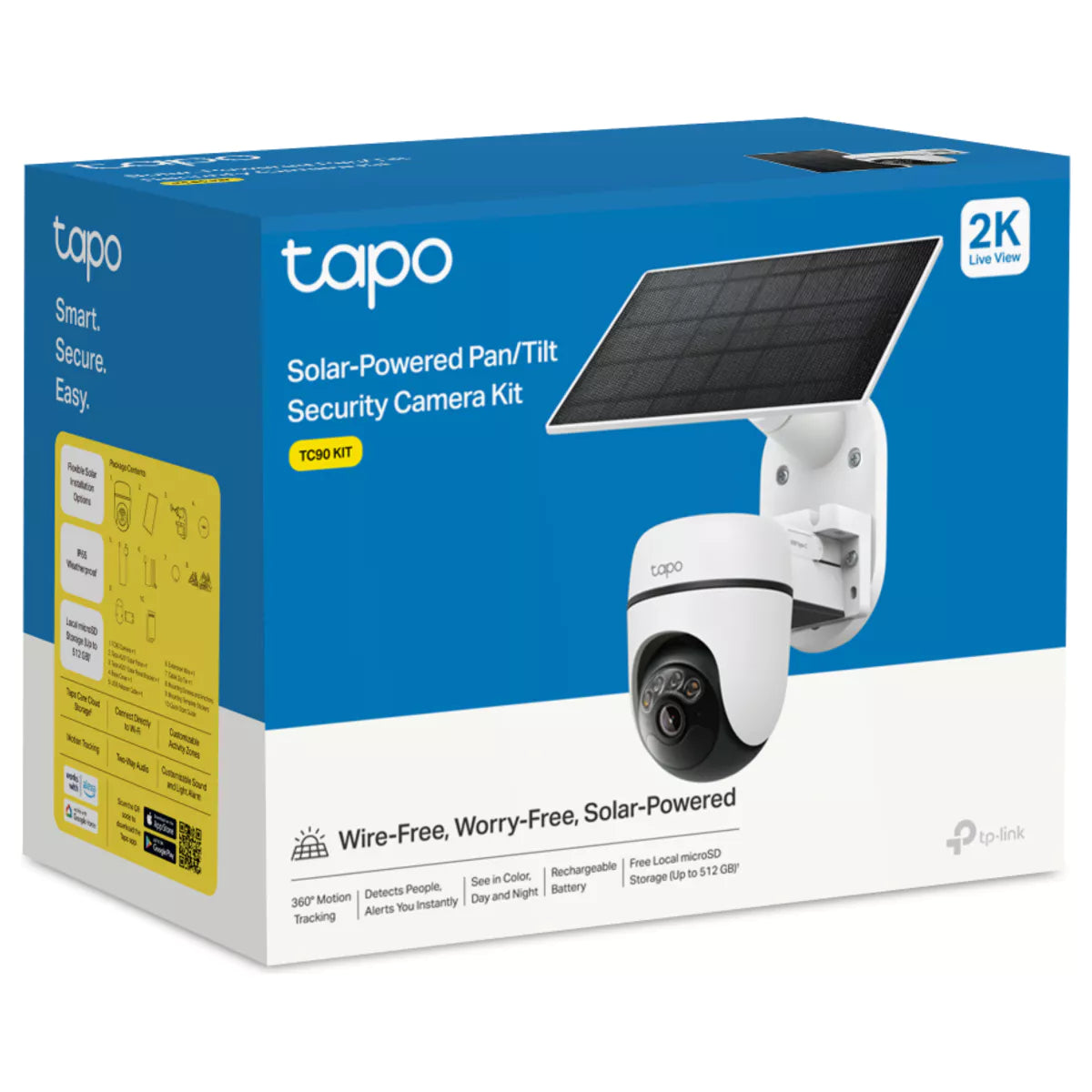 O Tapo TC90 KIT é uma solução de vigilância exterior completamente sem fios, ideal para monitorizar entradas, jardins e áreas externas de forma autónoma. Equipado com uma câmara pan/tilt de 360°, visão noturna a cores e deteção inteligente de pessoas, garante imagens nítidas em 2K 3MP e cobertura total sem pontos cegos.