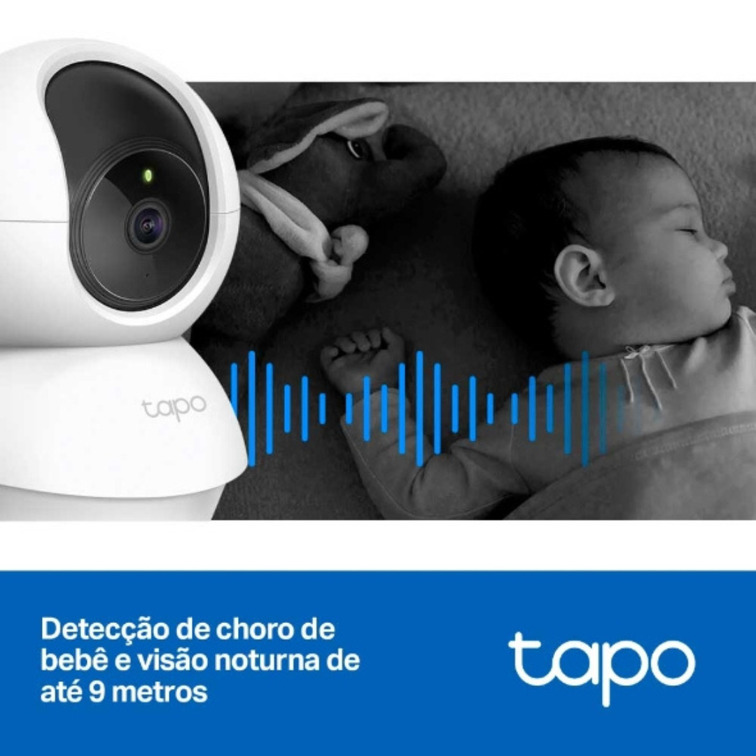 Câmara de vigilância inteligente TC70: detecta o choro da criança e envia notificação, também tem visão noturna de até 9 metros. 