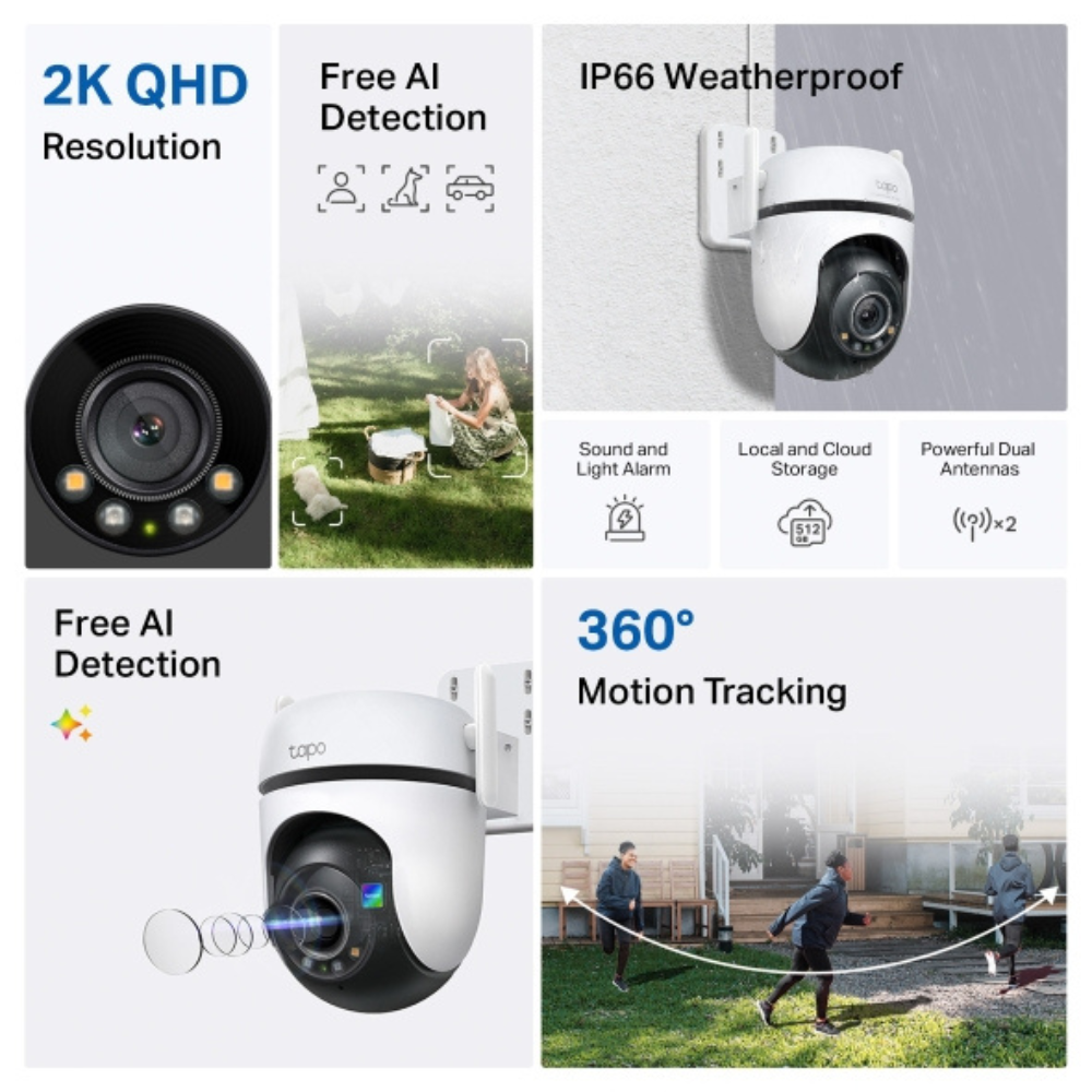 A câmara TP-Link Tapo C520WS é ideal para exterior, com certificação IP66 e imagem 2K QHD (2560×1440). Oferece visão noturna a cores com sensor Starlight e lente F1.6, garantindo nitidez mesmo com pouca luz.