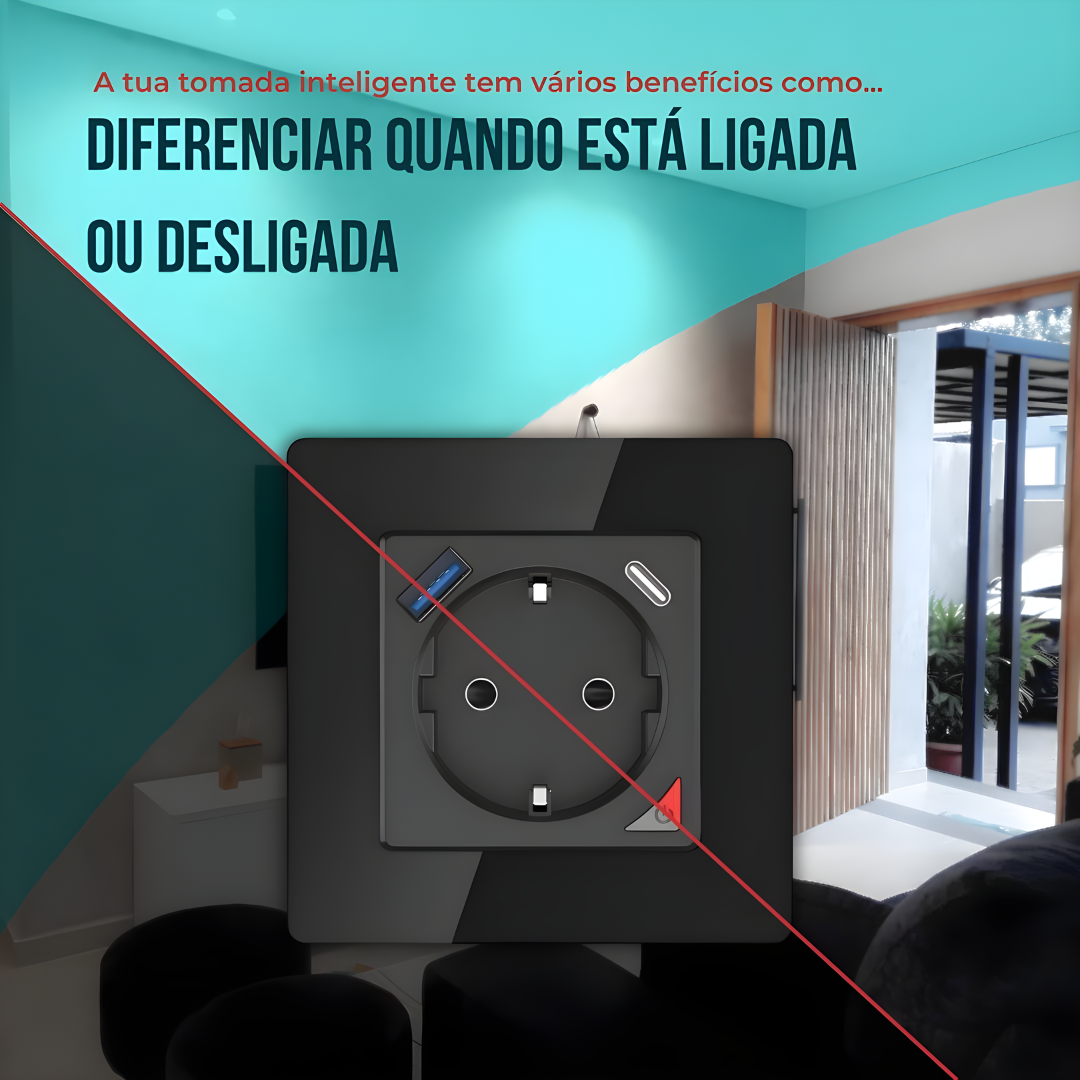 Tomada Inteligente com USB-C e USB-A (Smart socket) com capacidade de 16 Amperes em Preto,