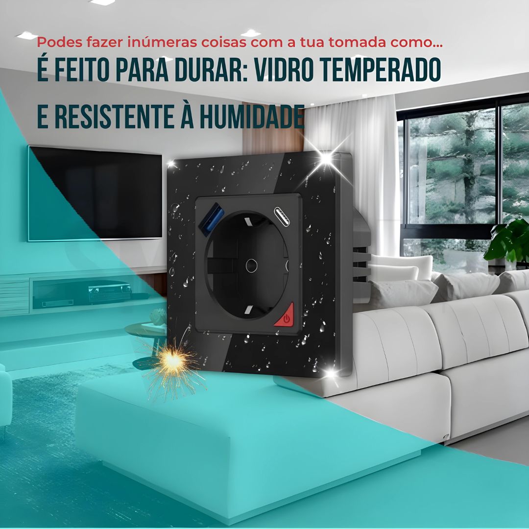 Tomada Inteligente com USB-C e USB-A (Smart socket) com capacidade de 16 Amperes em Preto,