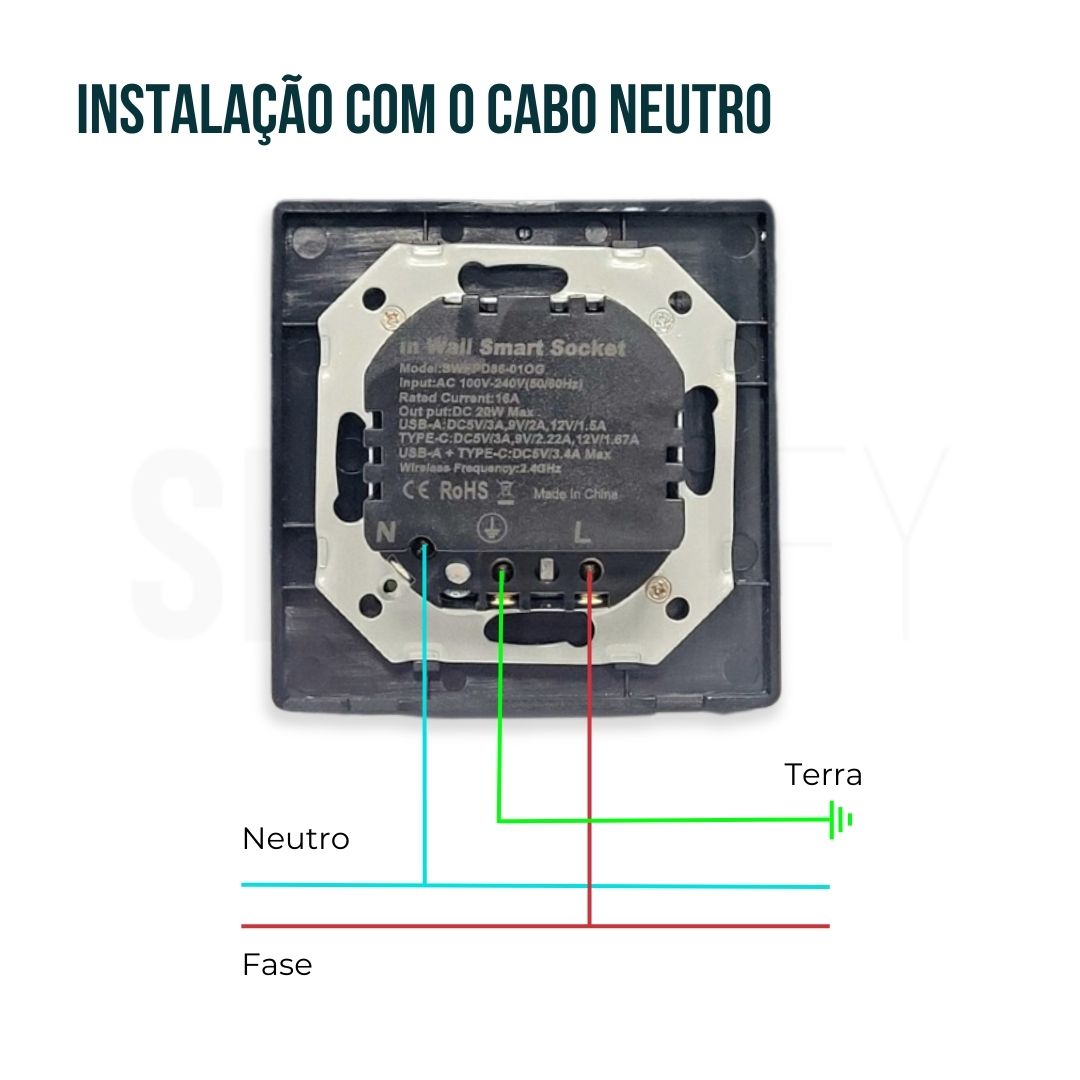 Tomada Inteligente com USB-C e USB-A (Smart socket) com capacidade de 16 Amperes em Preto,