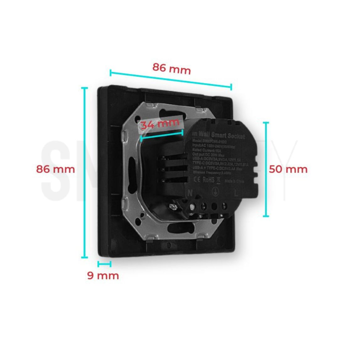 Tomada Inteligente com USB-C e USB-A (Smart socket) com capacidade de 16 Amperes em Preto,