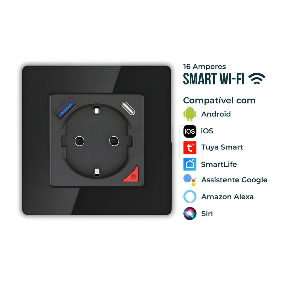 Tomada Inteligente com USB-C e USB-A (Smart socket) com capacidade de 16 Amperes em Preto,