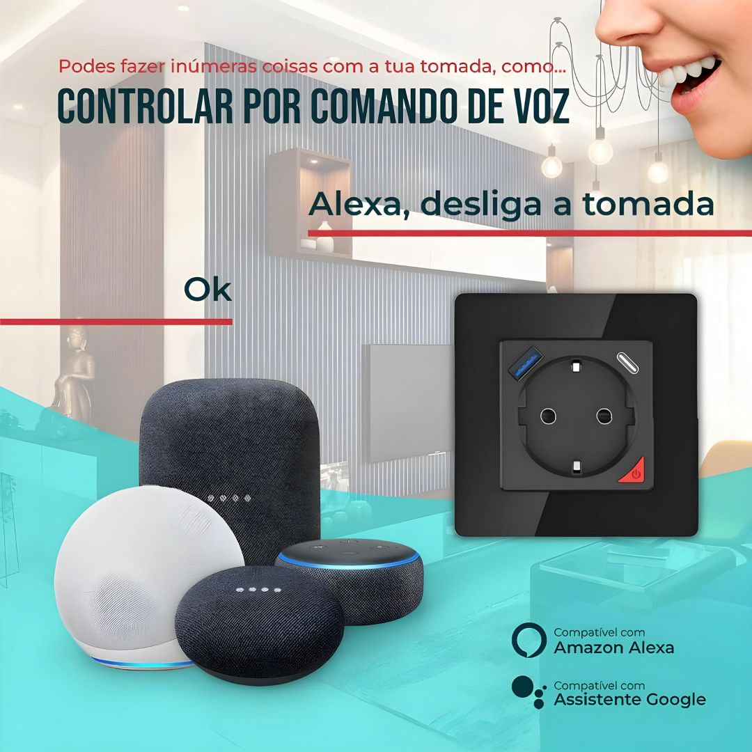Tomada Inteligente com USB-C e USB-A (Smart socket) com capacidade de 16 Amperes em Preto,