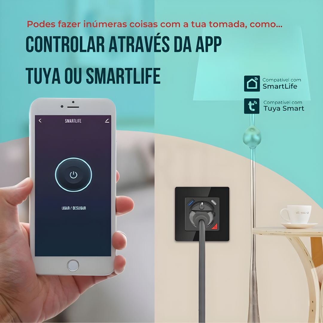 Tomada Inteligente com USB-C e USB-A (Smart socket) com capacidade de 16 Amperes em Preto,