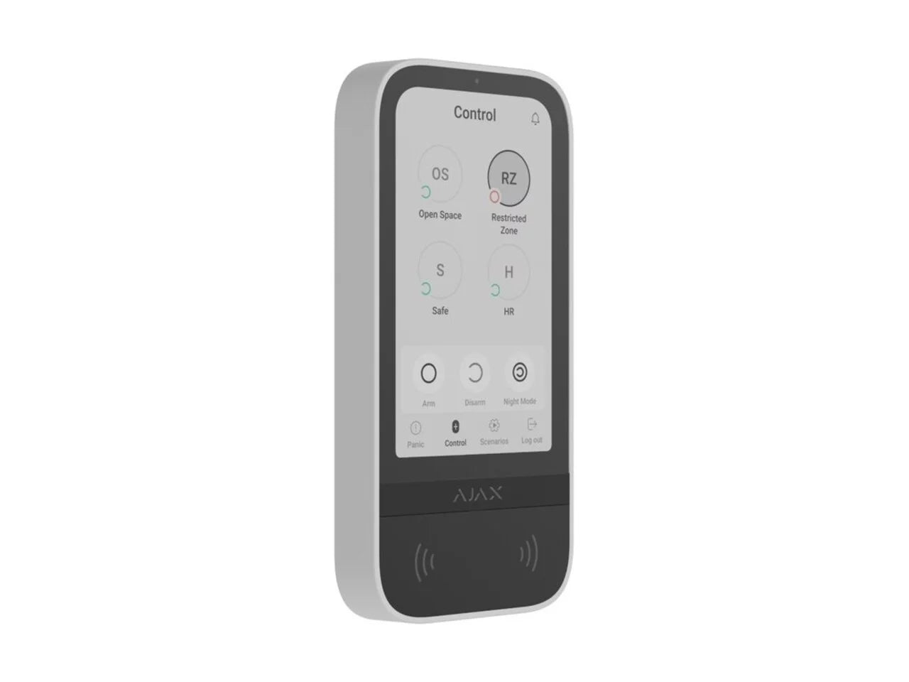 Teclado sem fios com ecrã tátil e RFID. Inclui autenticação via smartphone, códigos ou RFID. Alimentação por pilhas ou fonte externa.