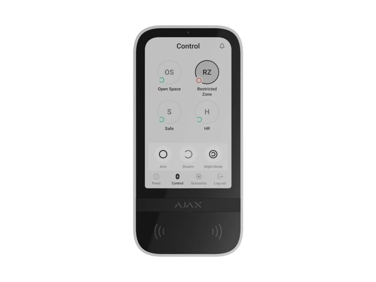 Teclado sem fios com ecrã tátil e RFID. Inclui autenticação via smartphone, códigos ou RFID. Alimentação por pilhas ou fonte externa.