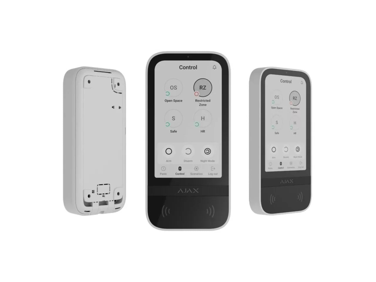 Teclado sem fios com ecrã tátil e RFID. Inclui autenticação via smartphone, códigos ou RFID. Alimentação por pilhas ou fonte externa.